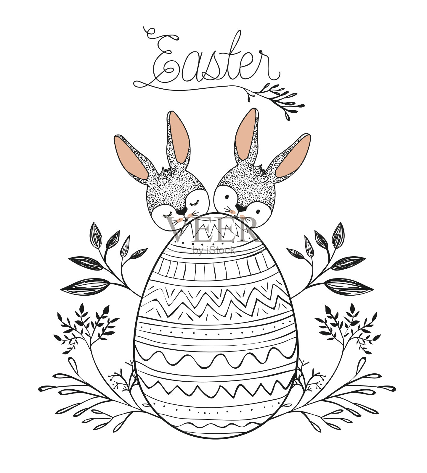复活节海报，复活节彩蛋后面有两个复活节兔子，并用单色的花朵装饰插画图片素材