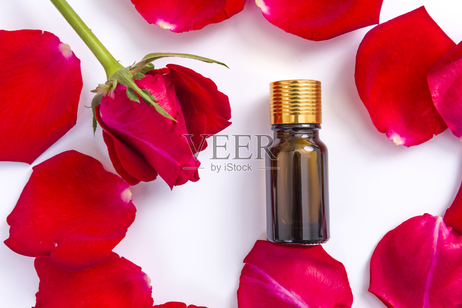 俯视图玫瑰花瓣和芳香疗法精油照片摄影图片