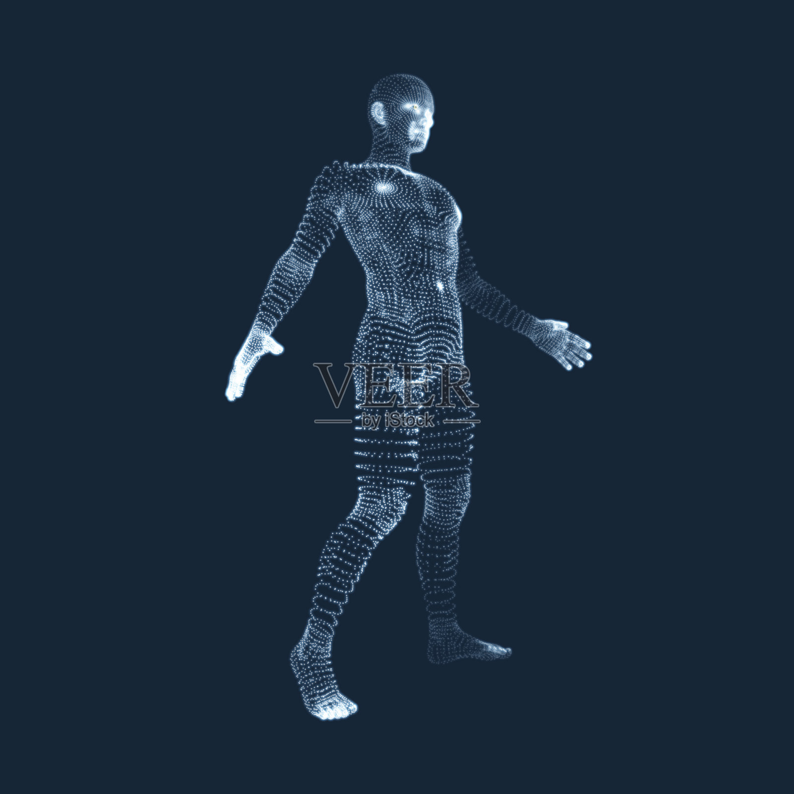 人站在他的脚上。人的3D模型。人体模型。人体观。由粒子组成的矢量图形。插画图片素材