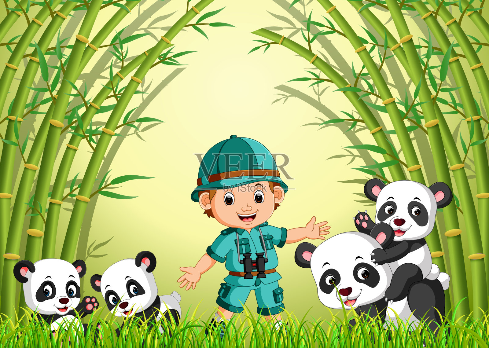 竹林里的两只可爱的熊猫插画图片素材