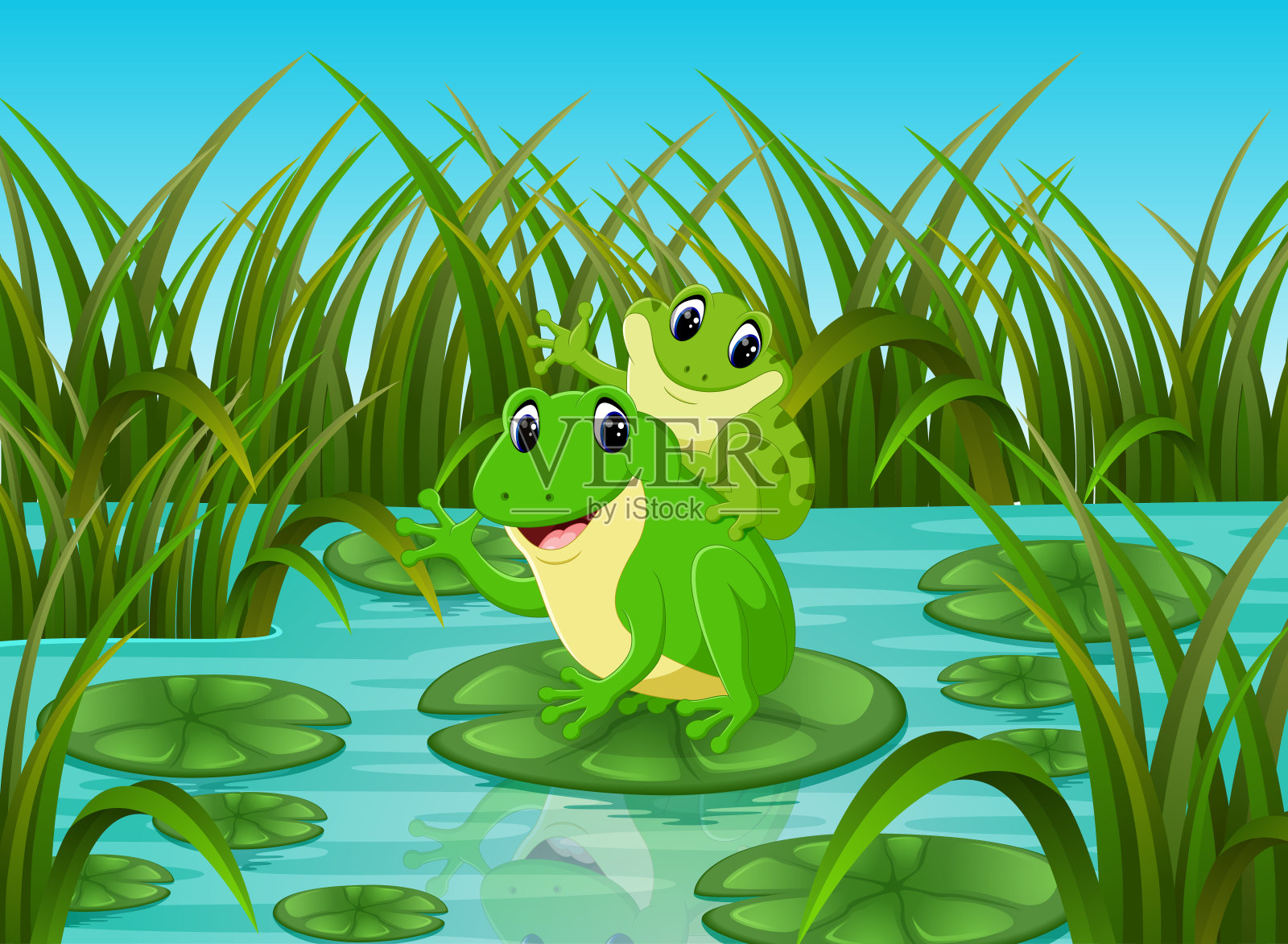 江景与快乐的青蛙在树叶上插画图片素材