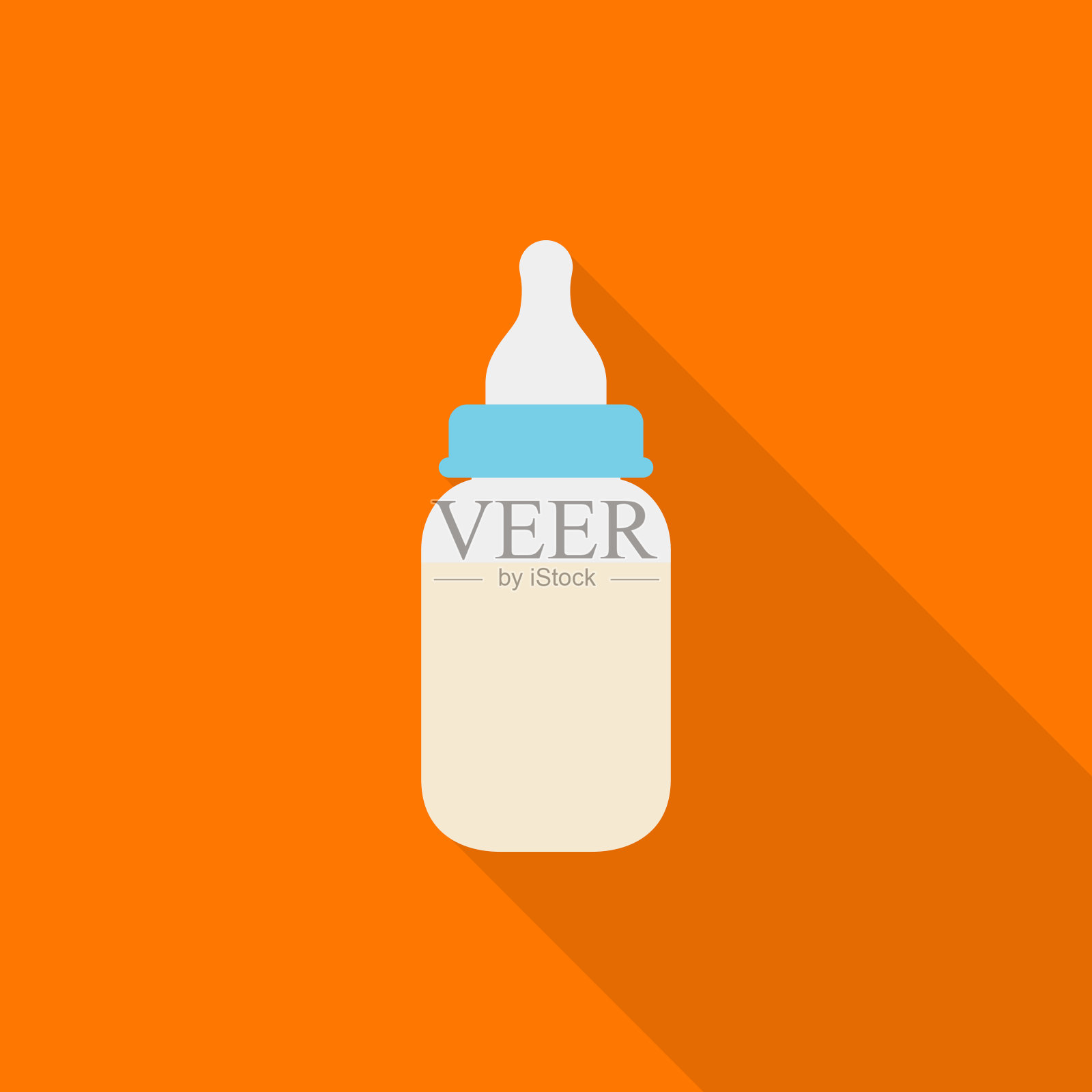 婴儿奶瓶图标与长阴影在橙色的背景，扁平的设计风格插画图片素材