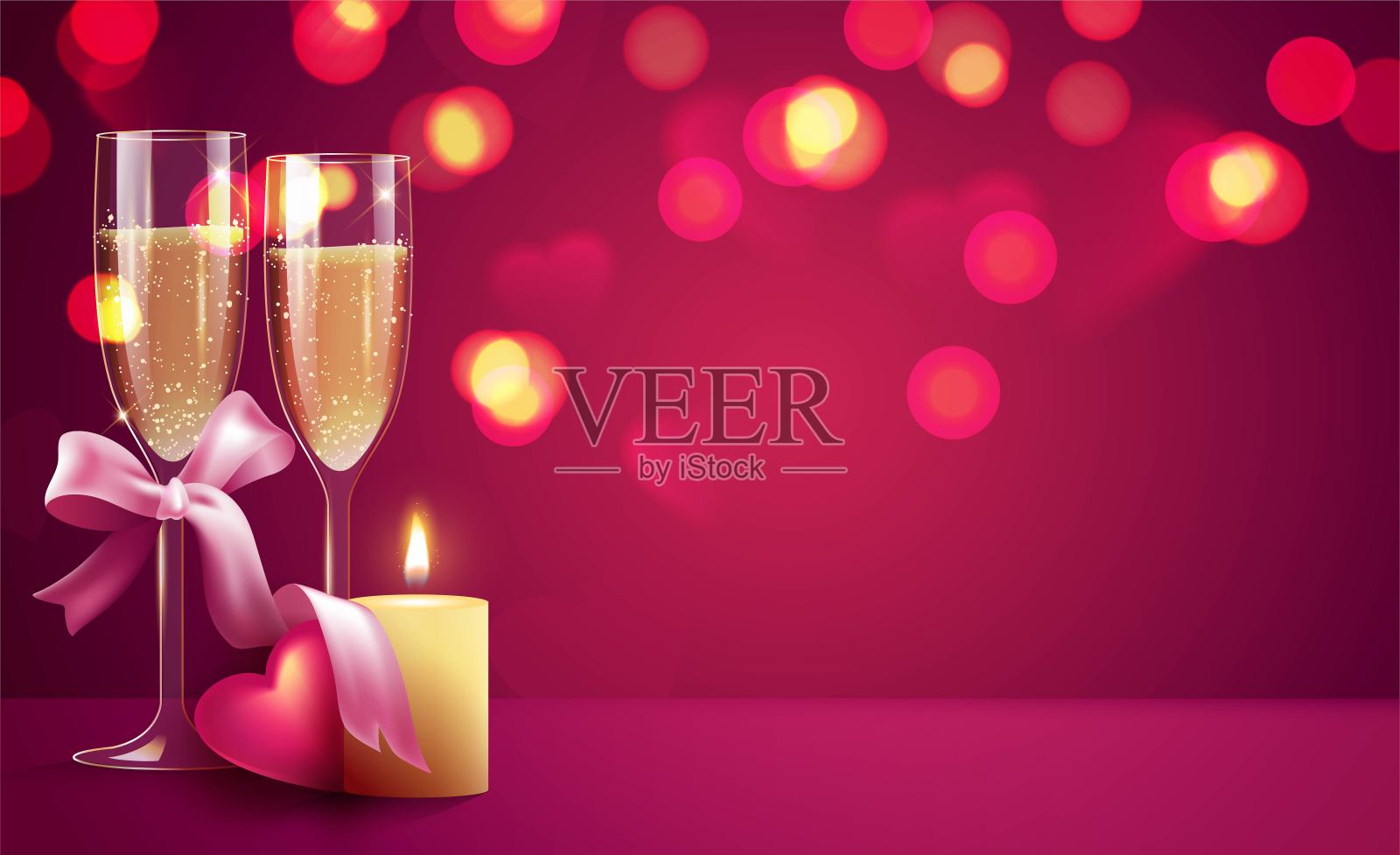 两杯香槟，粉红色背景上点着蜡烛。插画图片素材