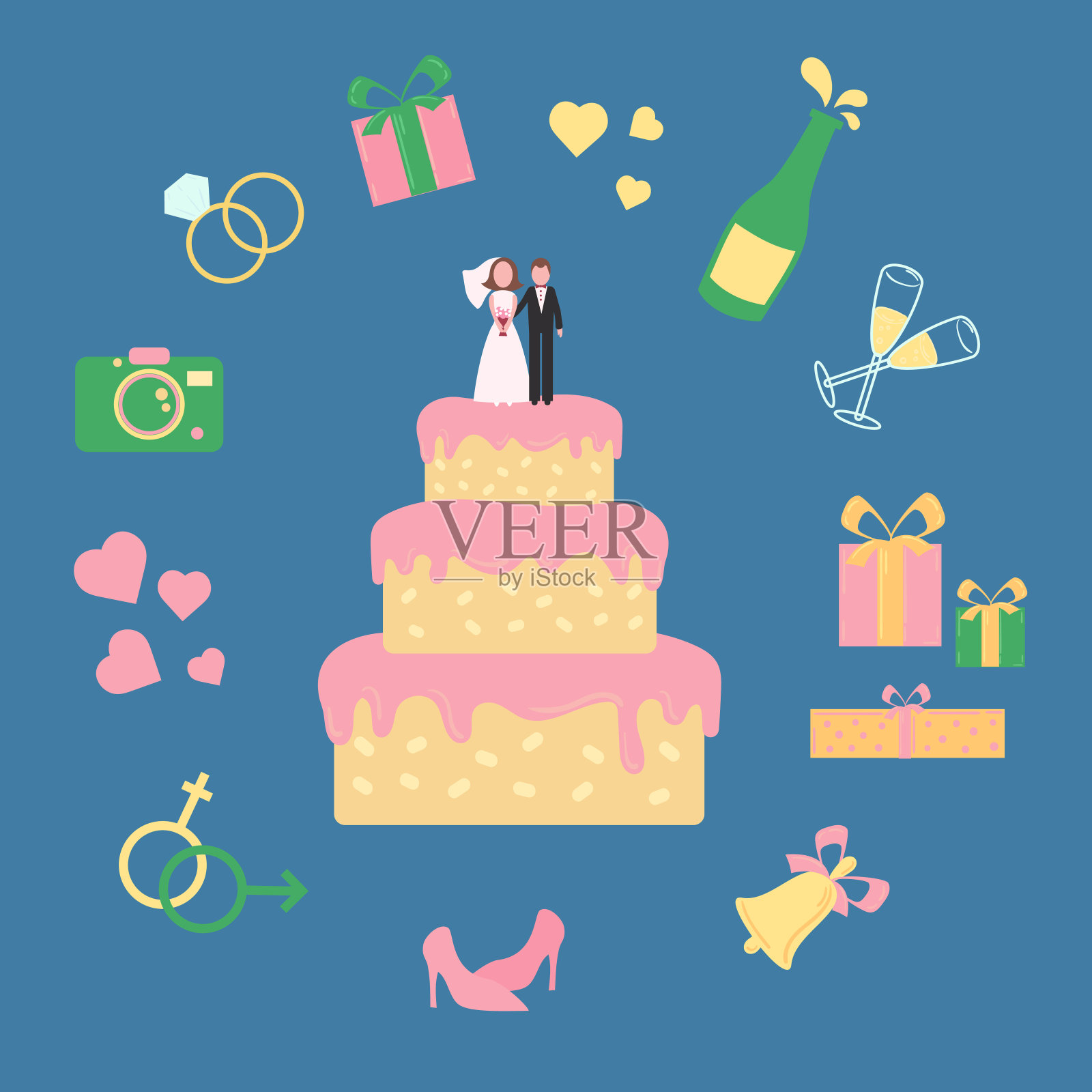 蛋糕上有新郎和新娘的雕像。结婚的图标插画图片素材