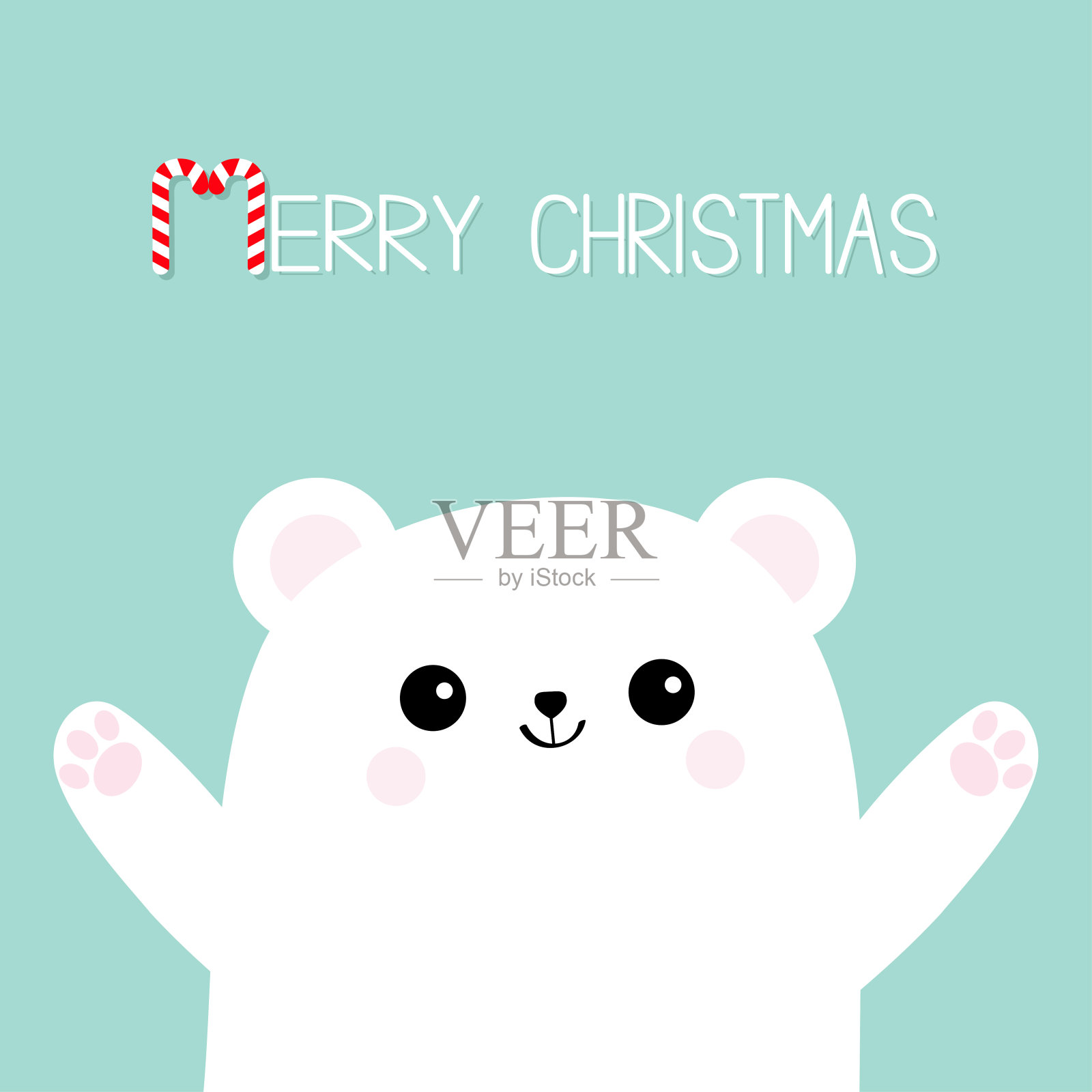 圣诞快乐，棒棒糖。北极熊的小白熊崽。伸手去拥抱。可爱的卡通婴儿人物图标。张开手准备拥抱北极动物。平面设计冬季背景。插画图片素材