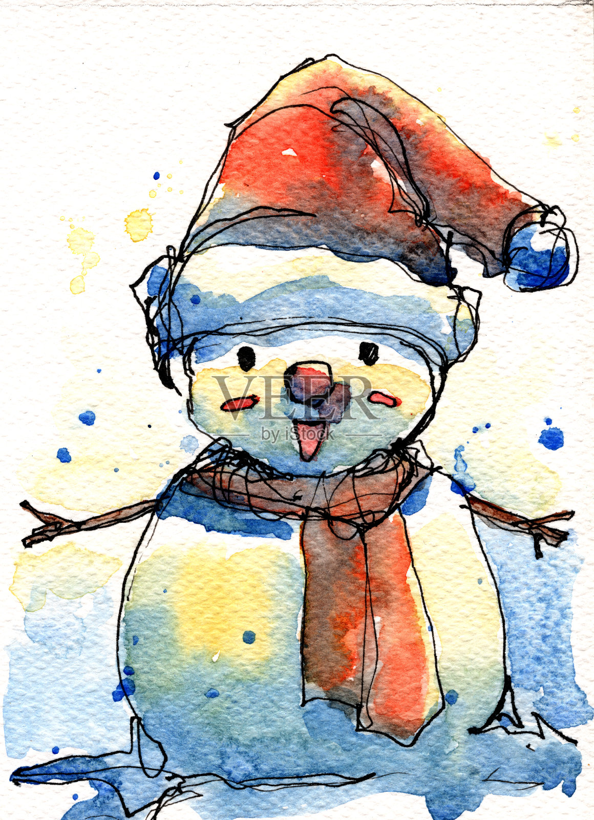 微笑的雪人的水彩画插图，手工传统艺术扫描设计元素图片