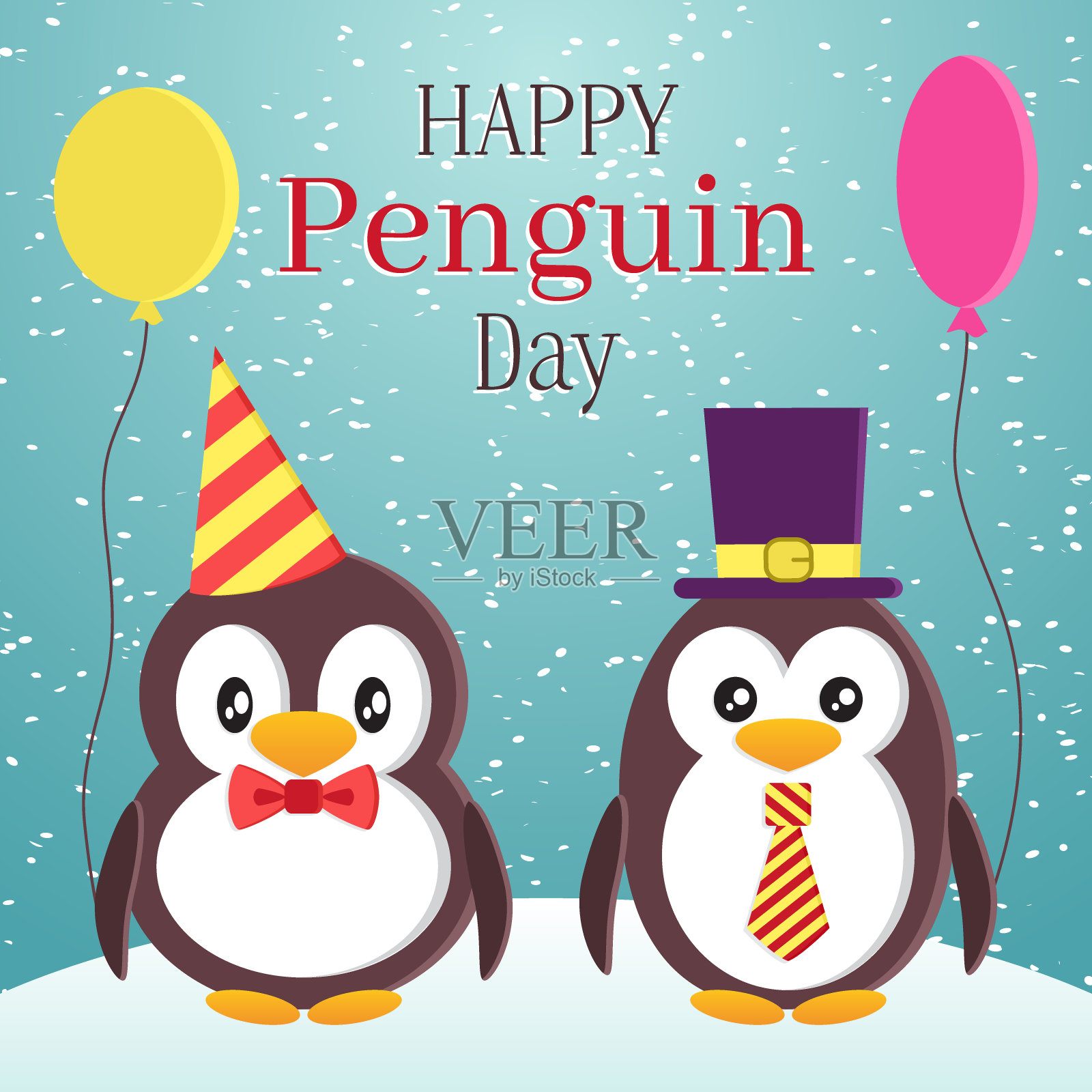 企鹅意识日主题设计。两只可爱优雅的企鹅带着气球。卡通平面风格矢量插图。可用于贺卡，横幅，邀请插画图片素材