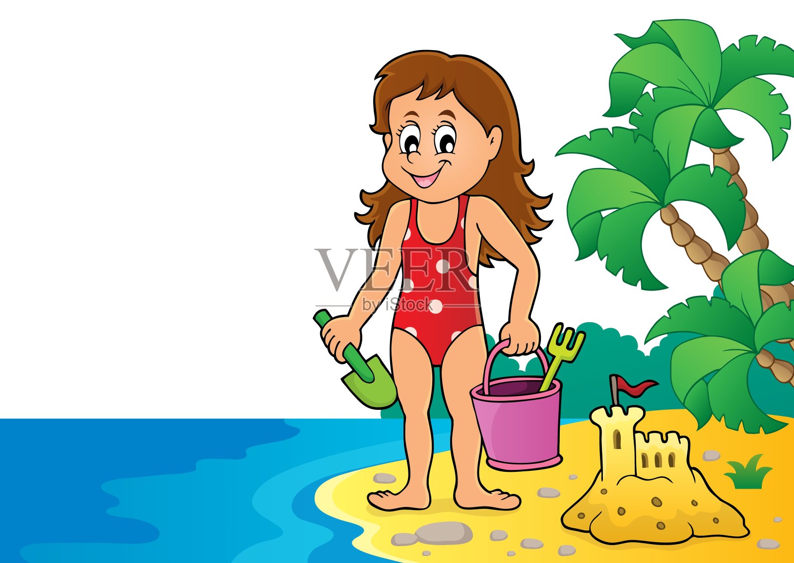 女孩在沙滩上玩耍的形象3插画图片素材