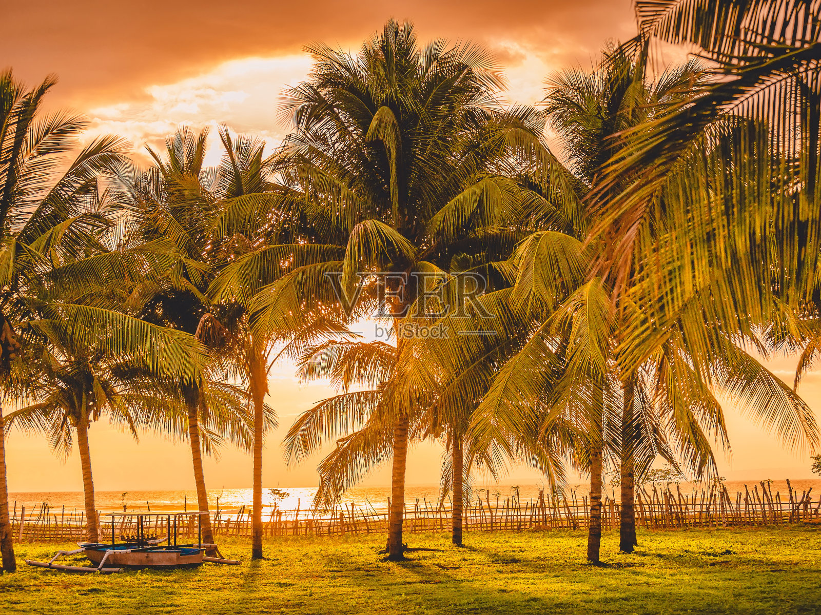 西松巴瓦热带岛屿上的日落，棕榈树和当地的船只照片摄影图片