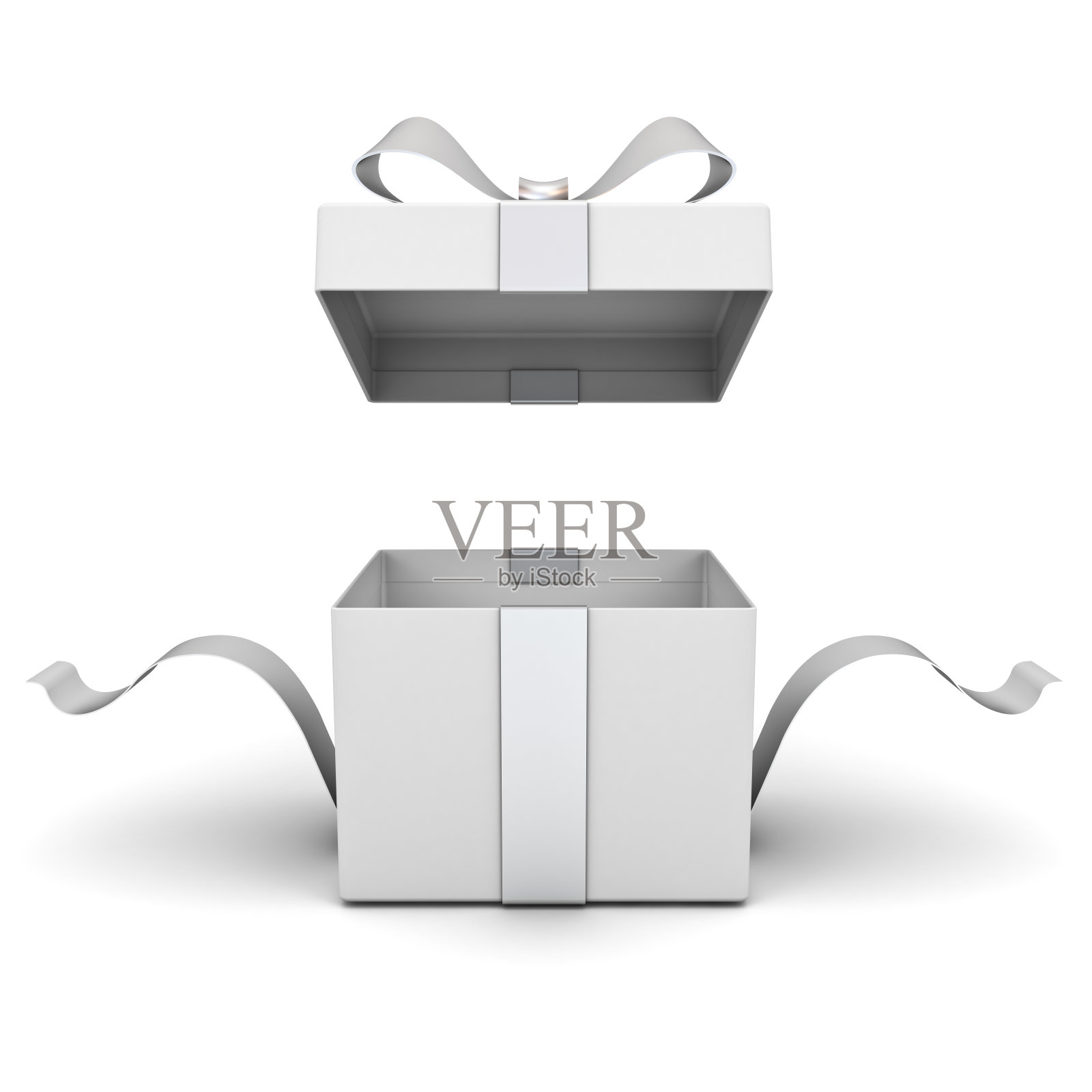 打开礼盒，礼品盒与银色丝带和蝴蝶结孤立在白色背景与阴影插画图片素材