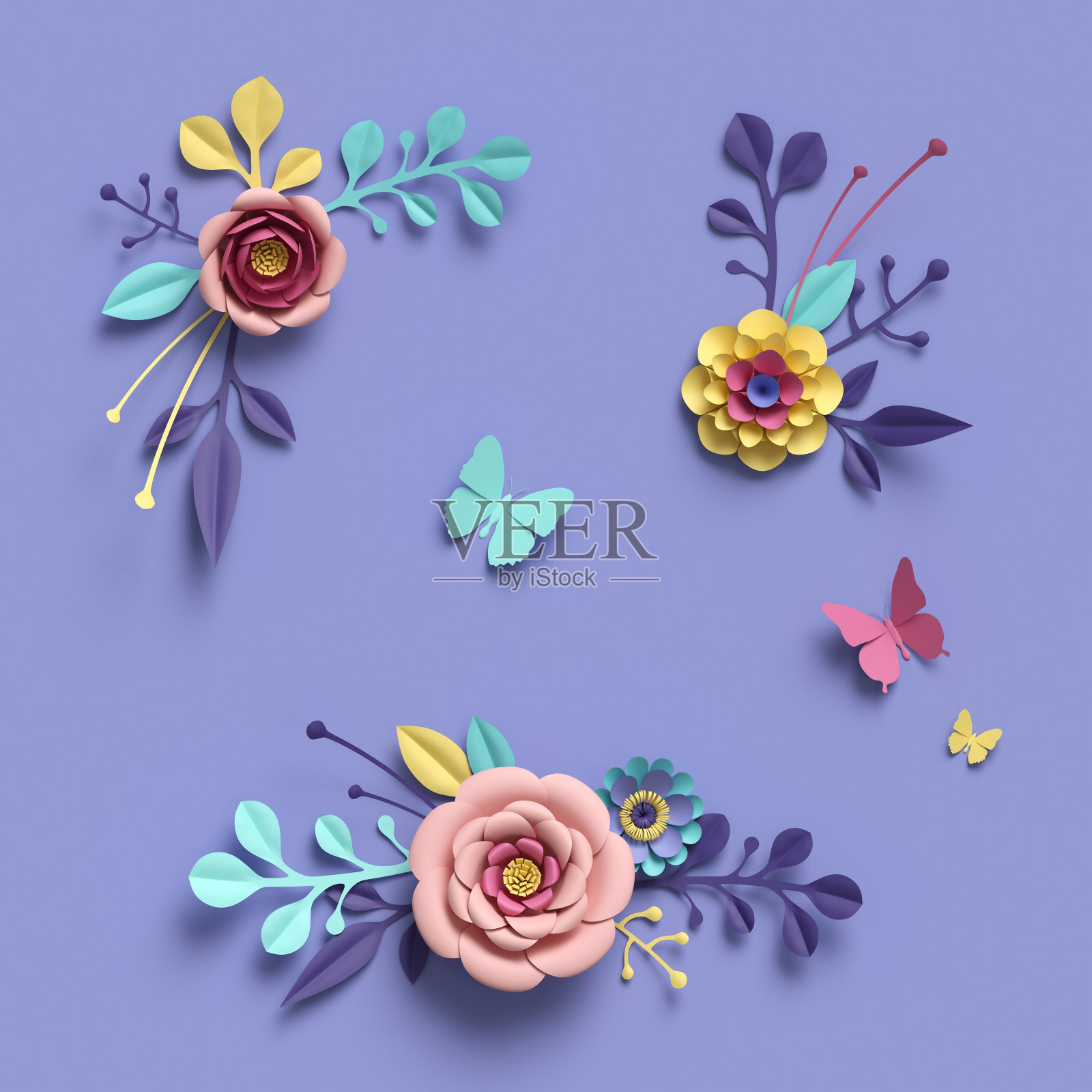 3d渲染，抽象的纸工艺花卉孤立元素，植物背景，纸花，糖果柔和的颜色，明亮的色调调色板插画图片素材