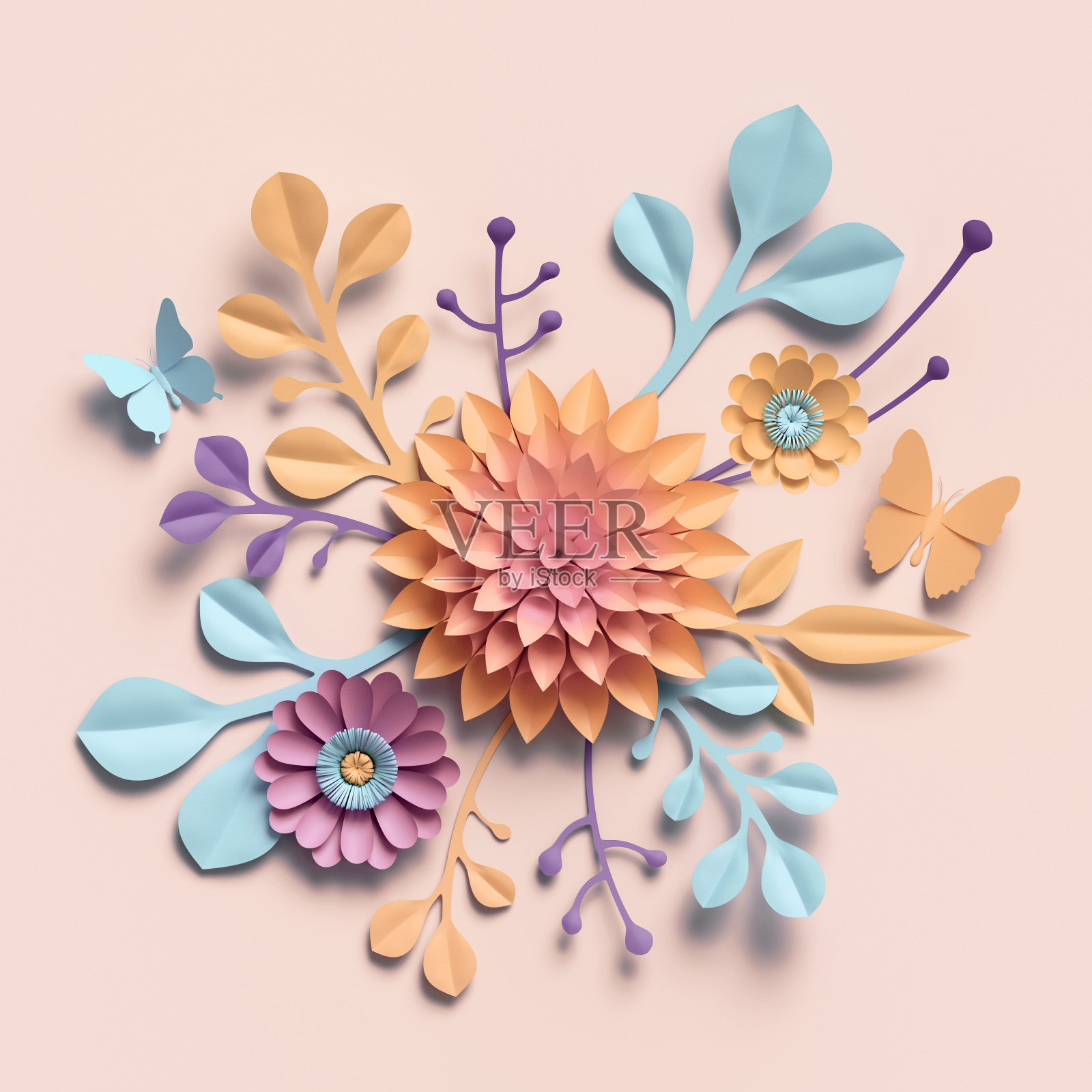 3d渲染，纸花，彩色调色板，植物背景，孤立剪辑艺术，圆形花束，插花插画图片素材