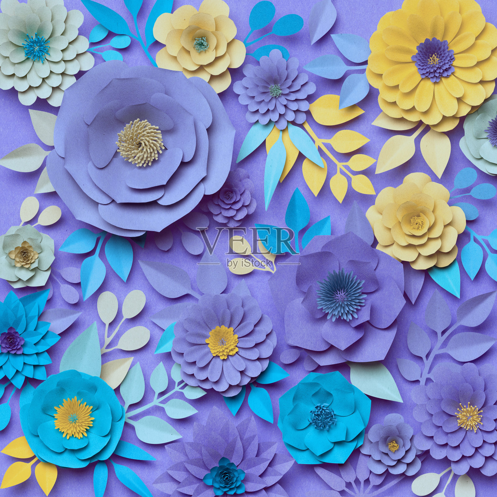 3d渲染，数字插图，纸玫瑰花，花卉墙装饰，植物背景，柔和的紫色和黄色的颜色插画图片素材