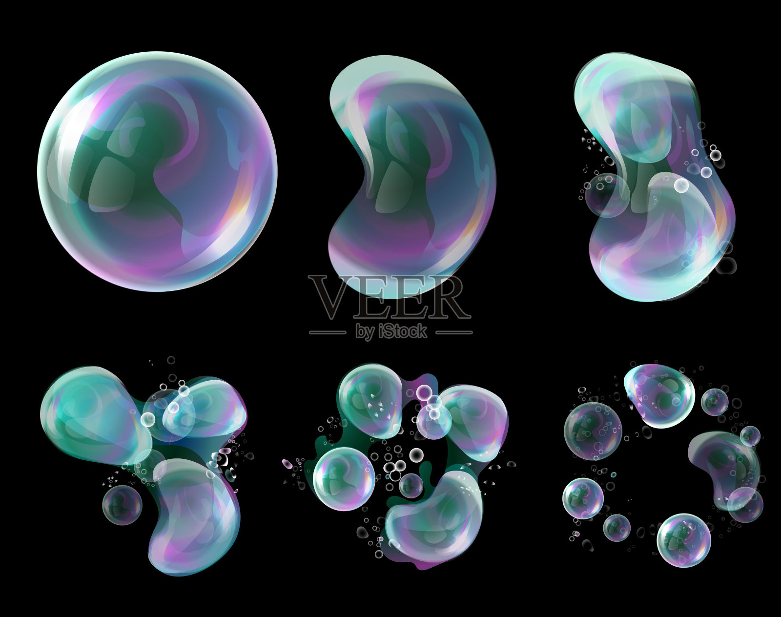 三维透明肥皂泡矢量在变形。水球，逼真的球，肥皂气球，肥皂泡沫。插画图片素材