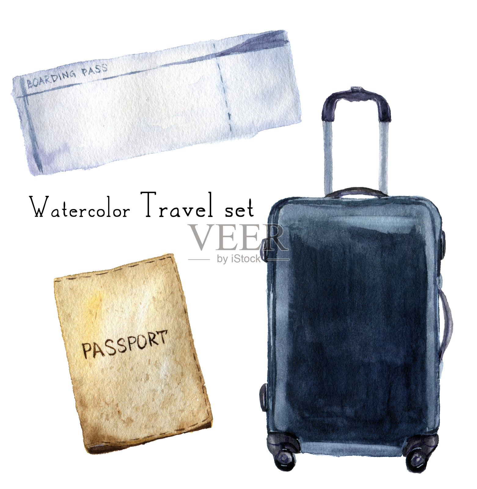 水彩画旅游套装包括护照，登机牌，导航行李箱。手绘插图孤立在白色背景。为设计，纺织和背景。插画图片素材