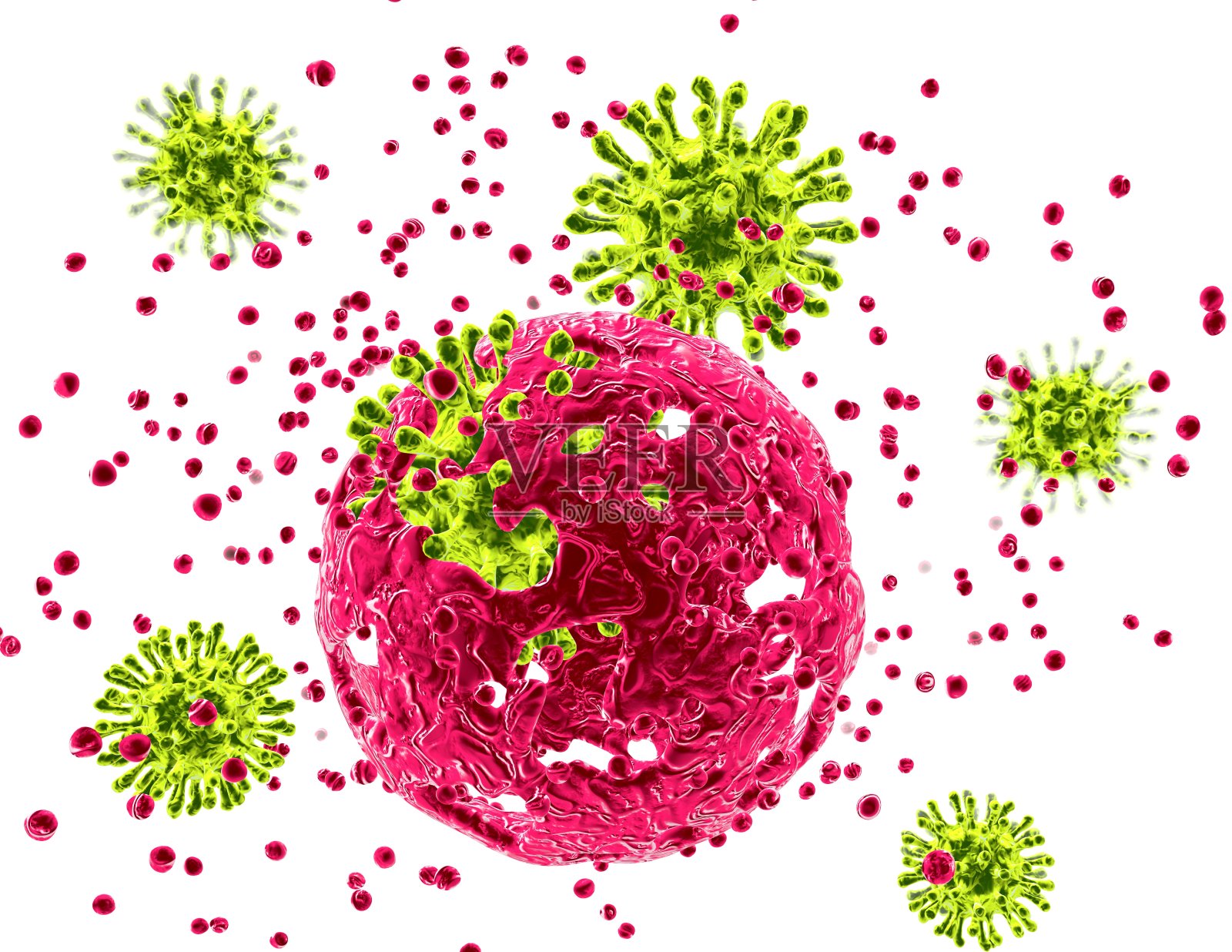 细胞受病毒攻击、疾病、病毒感染的概念。插画图片素材