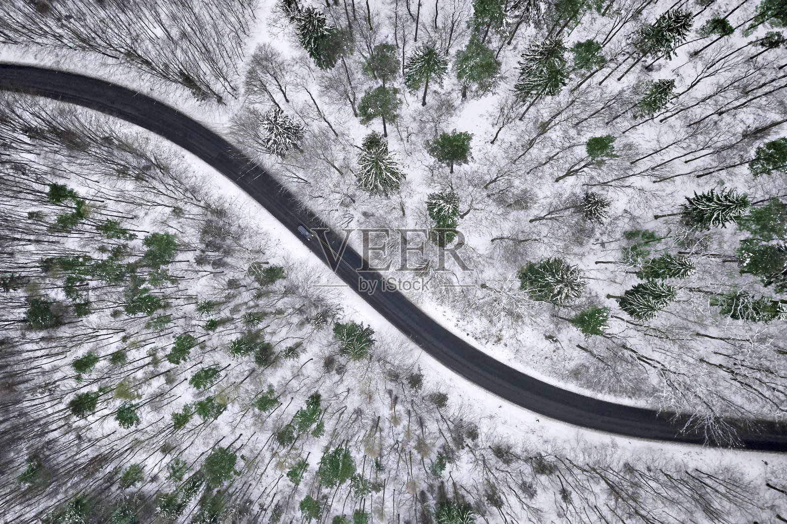 森林道路冬季鸟瞰图。照片摄影图片