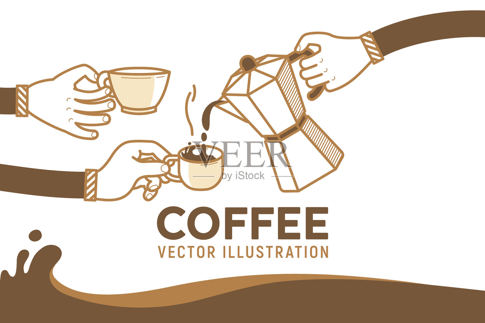 喝咖啡的朋友矢量插图。咖啡休息时间和人手拿着一杯热咖啡。平面复古风格的白色背景插画图片素材