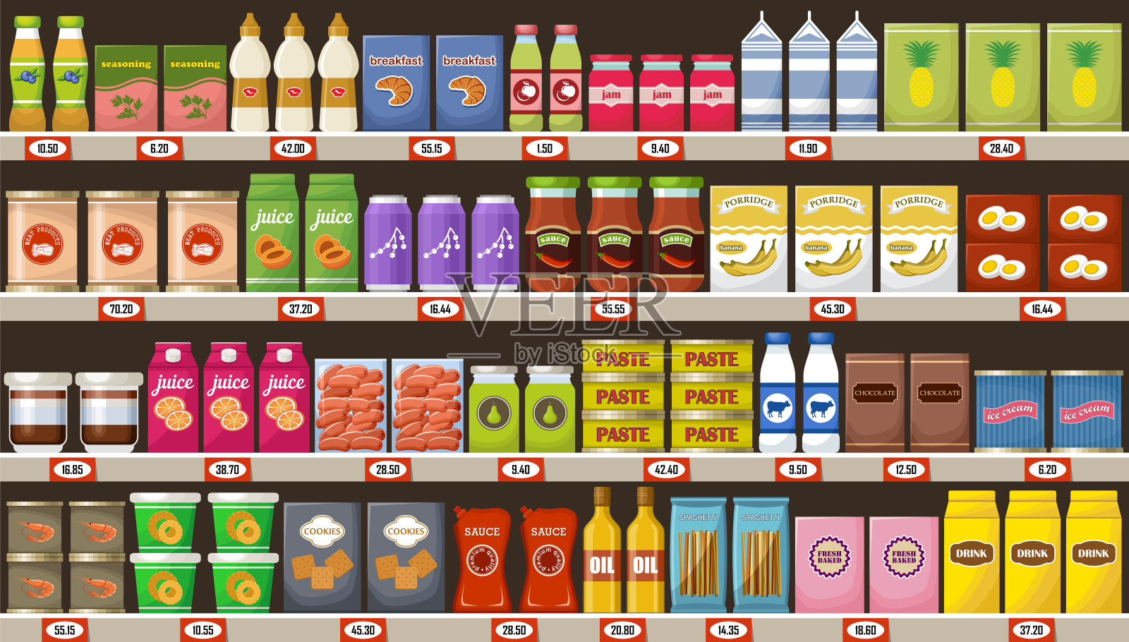 超市，货架上的产品和饮料插画图片素材