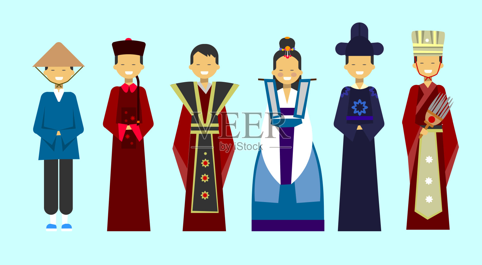 传统的亚洲服饰让人们穿上美丽的民族服装插画图片素材