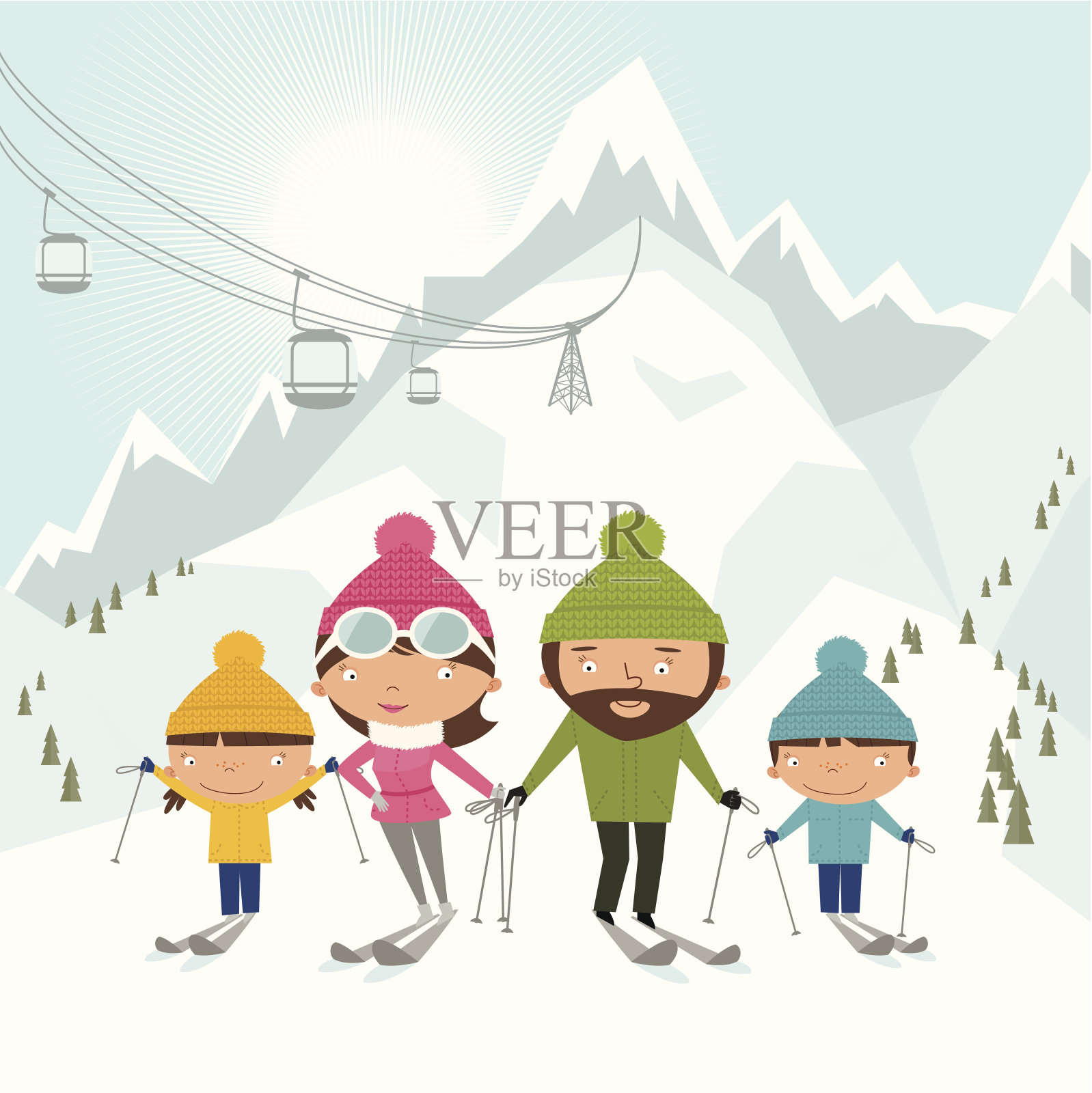 卡通风格描述滑雪家庭插画图片素材