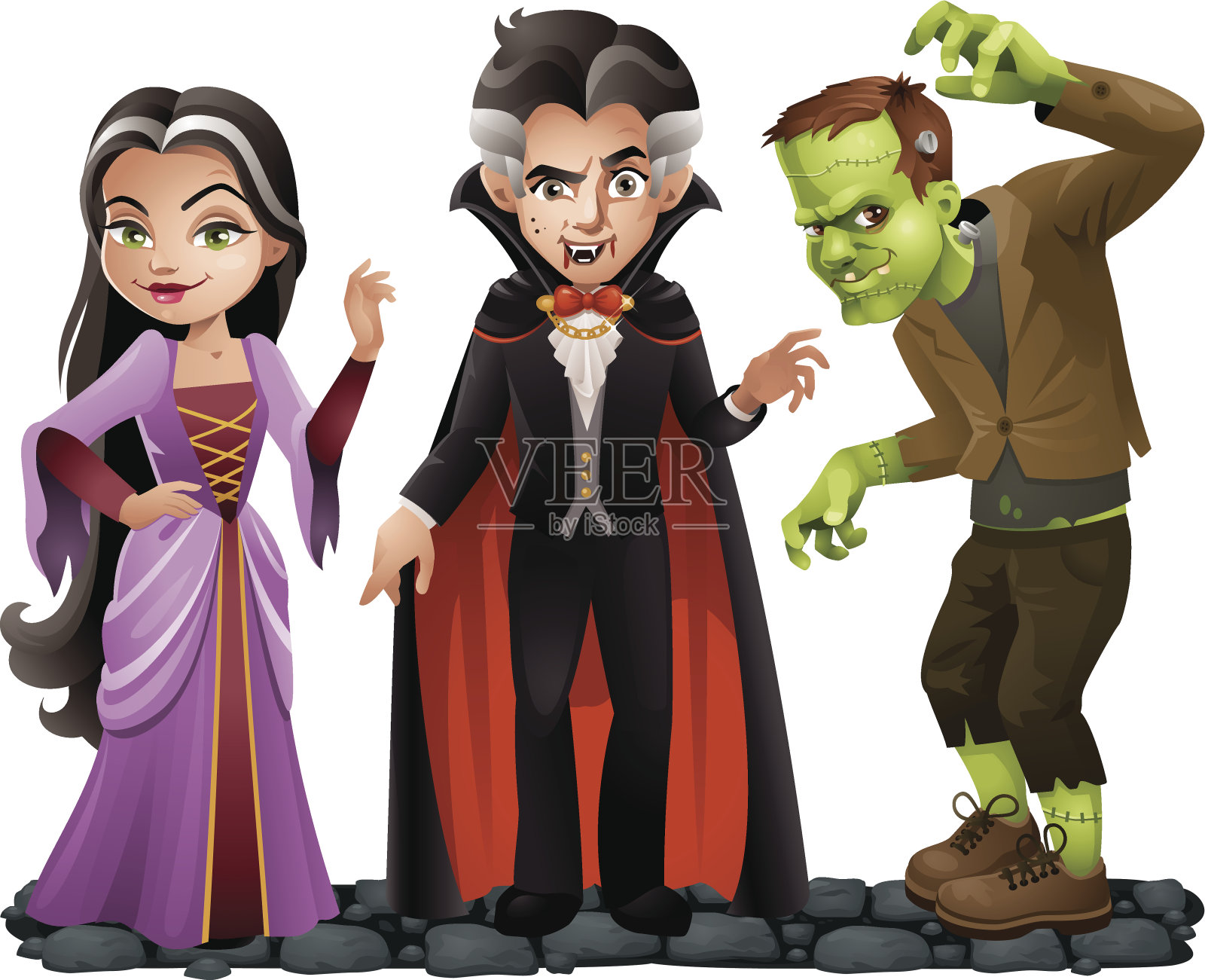 可爱的矢量万圣节角色:吸血鬼女士，德古拉和弗兰肯斯坦怪物插画图片素材