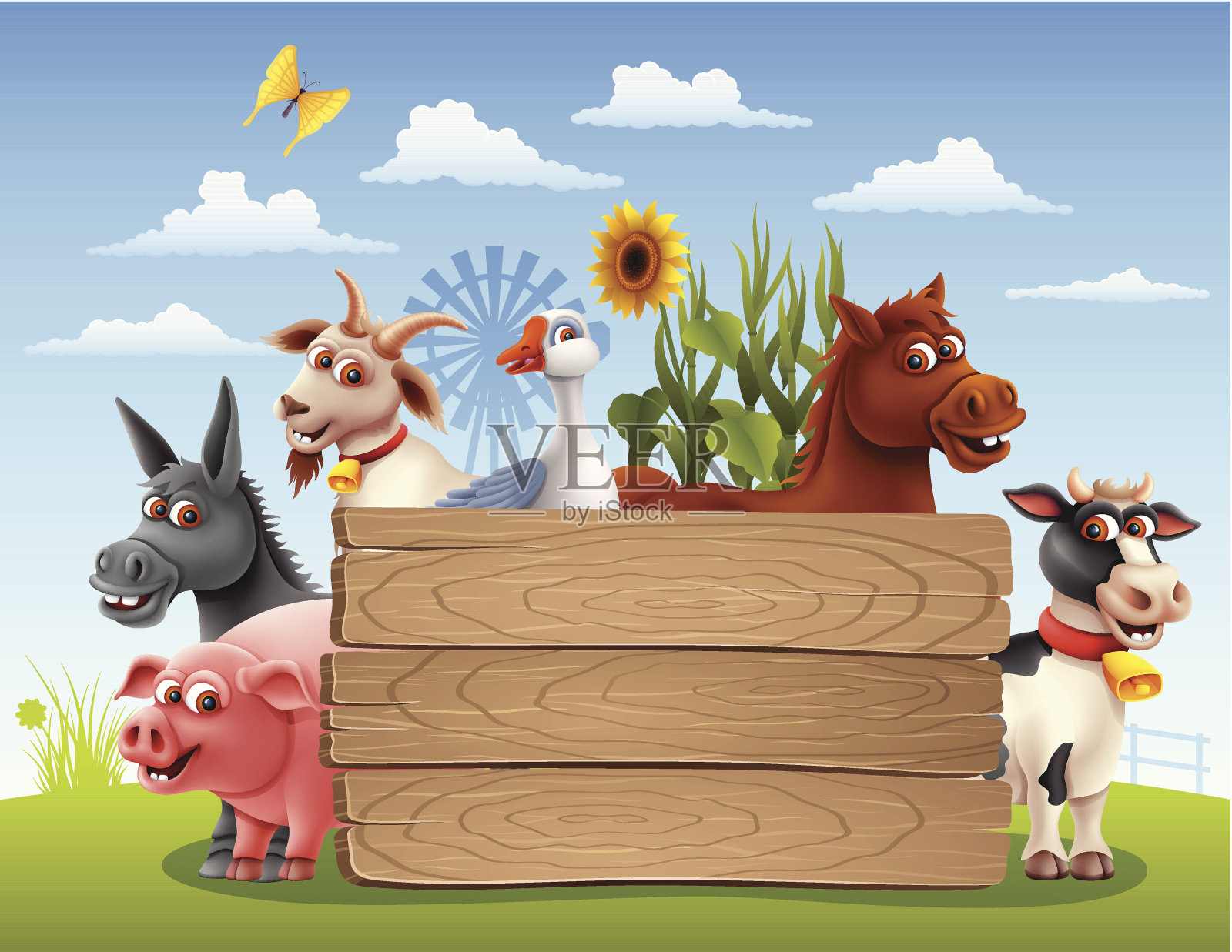 带旗帜的农场动物插画图片素材