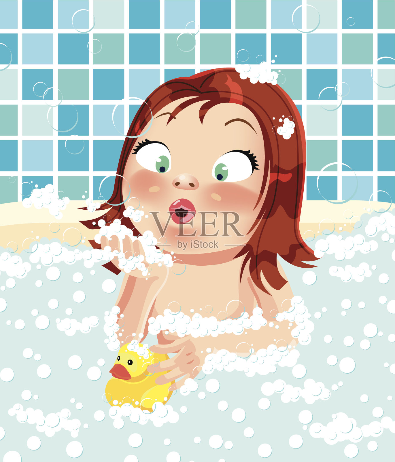 孩子在泡泡浴和黄色橡皮鸭插画图片素材