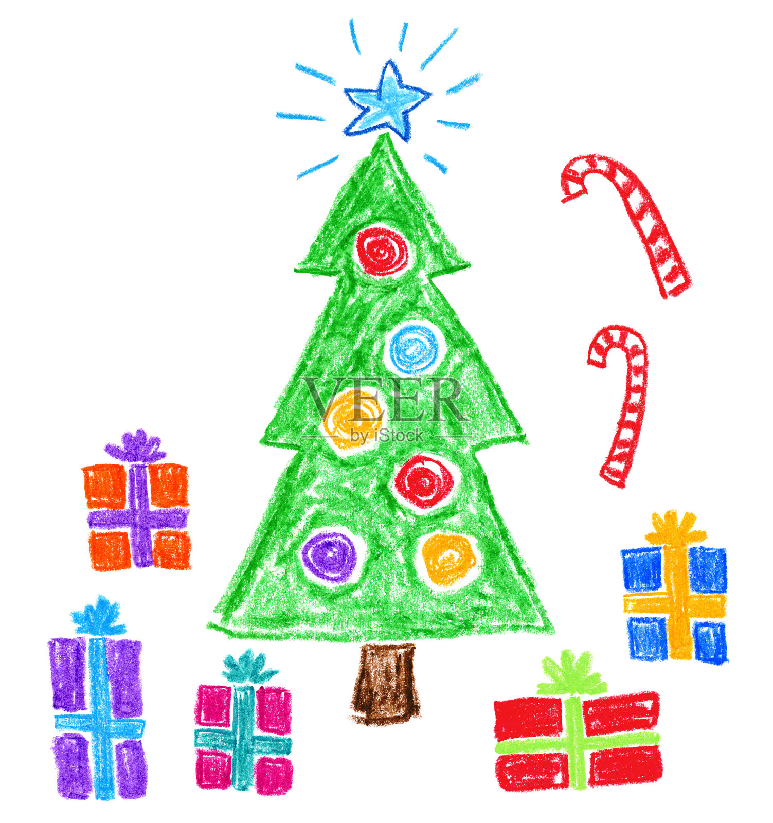 儿童风格画-圣诞树和礼物插画图片素材