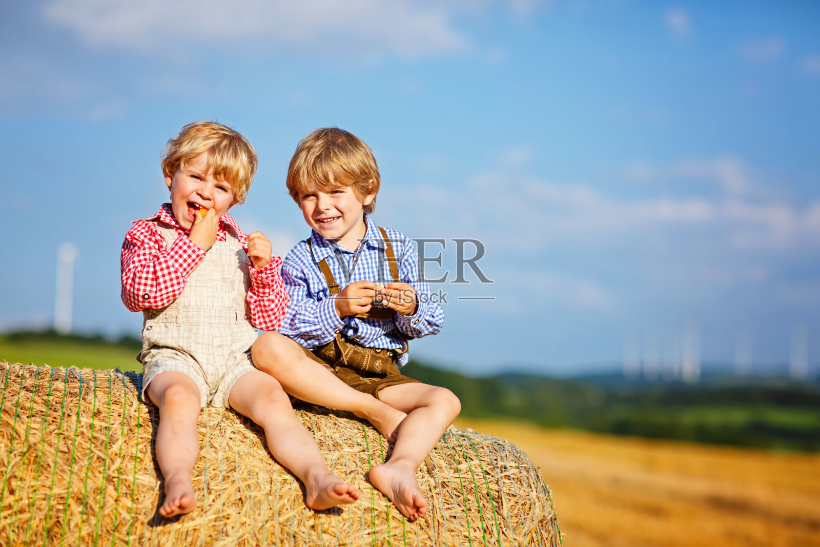 两个小男孩，双胞胎和兄弟姐妹坐在温暖的夏日干草堆上照片摄影图片