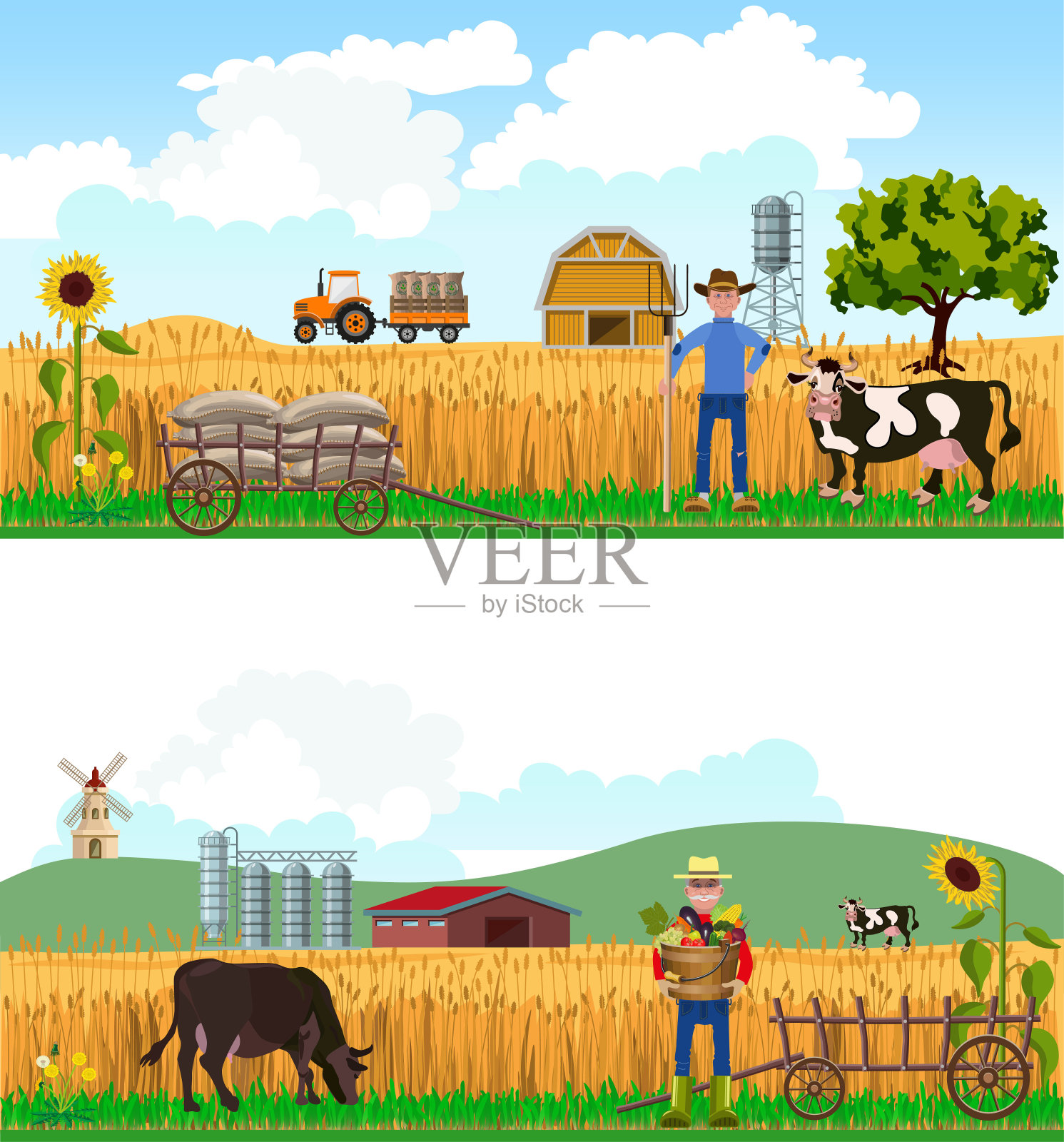 农场背景的农民和奶牛。插画图片素材