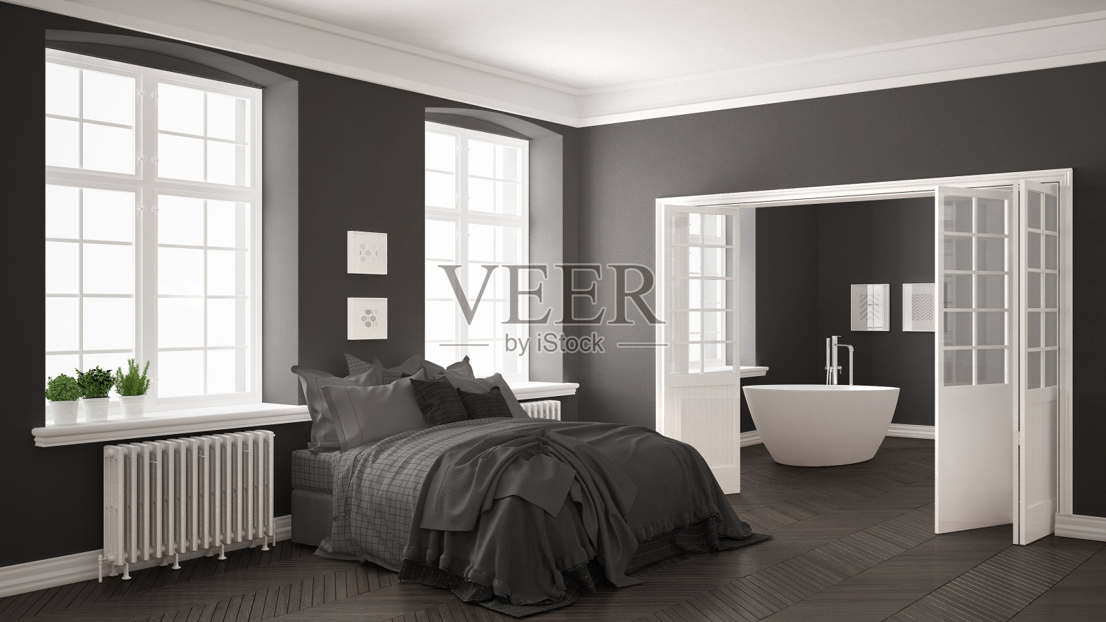 极简主义斯堪的纳维亚白色卧室与浴室的背景，经典的白色和灰色的室内设计照片摄影图片