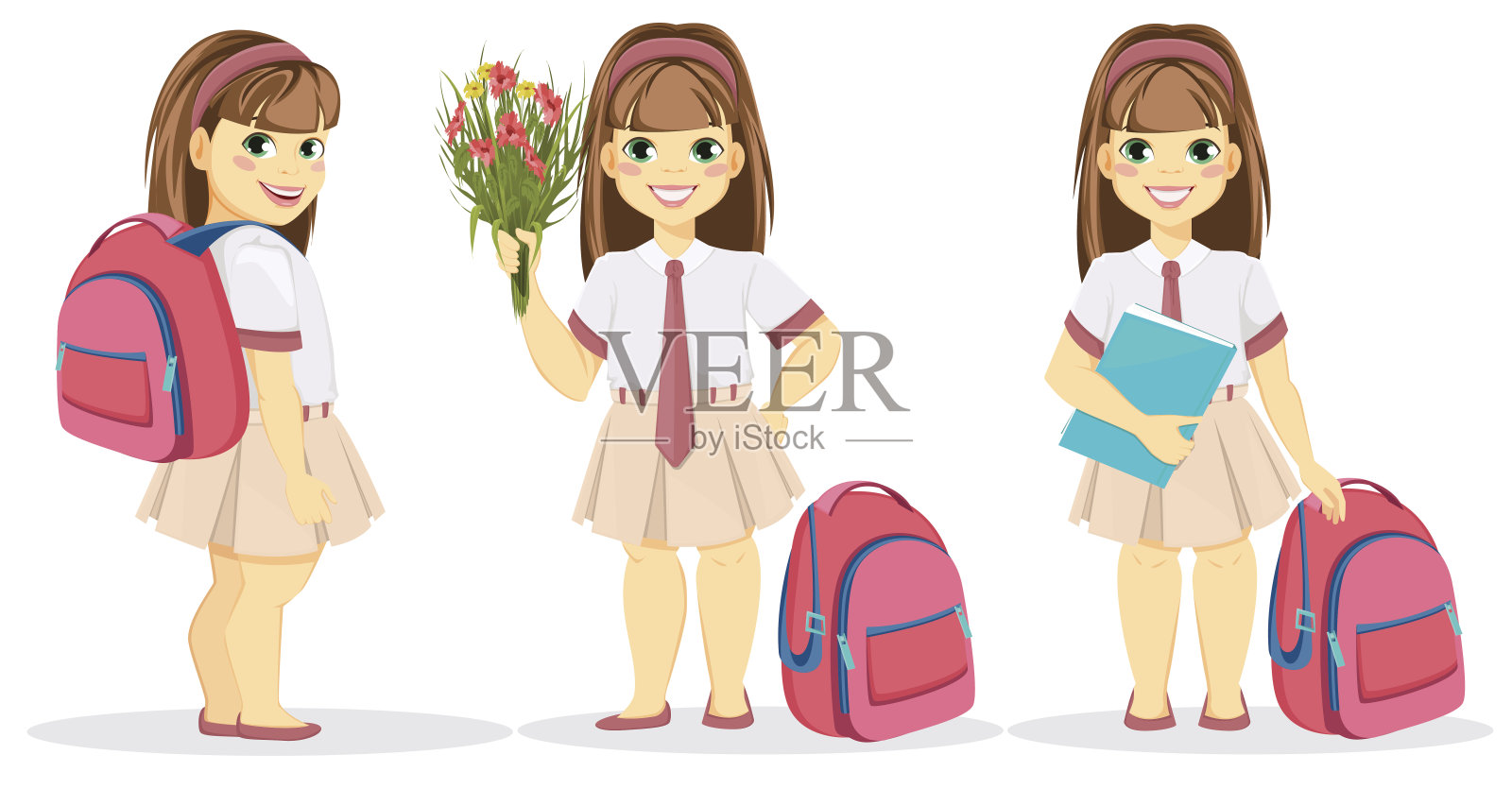 背着书包，捧着一束花和课本的女生插画图片素材