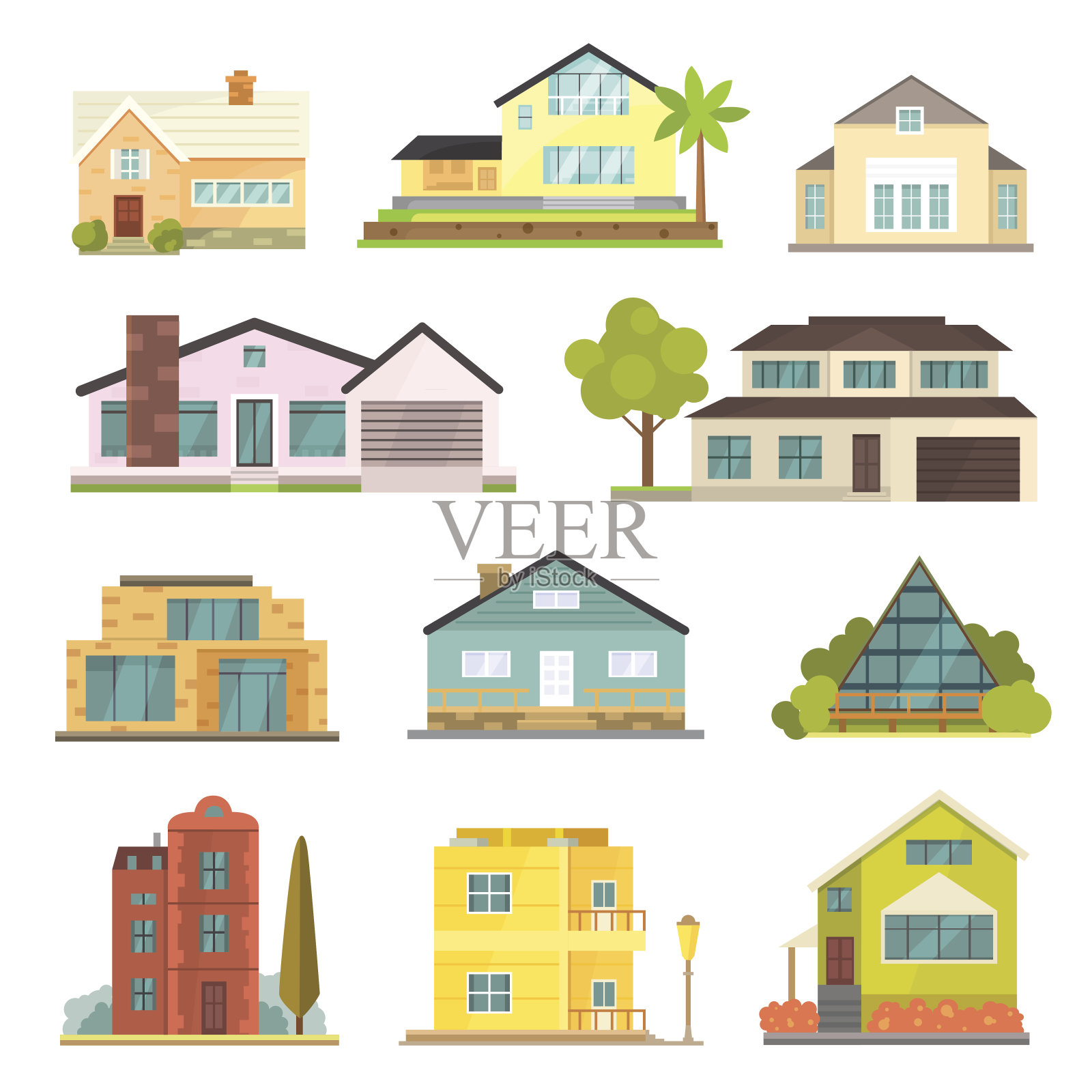 别墅和各种房地产建筑图标。新卡通风格的住宅收藏设计元素图片