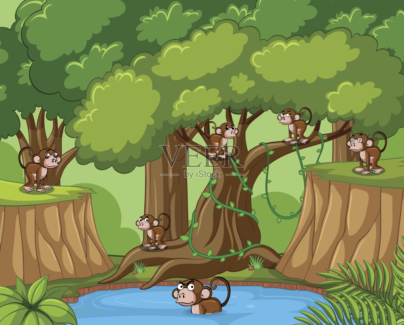 森林里有许多猴子插画图片素材
