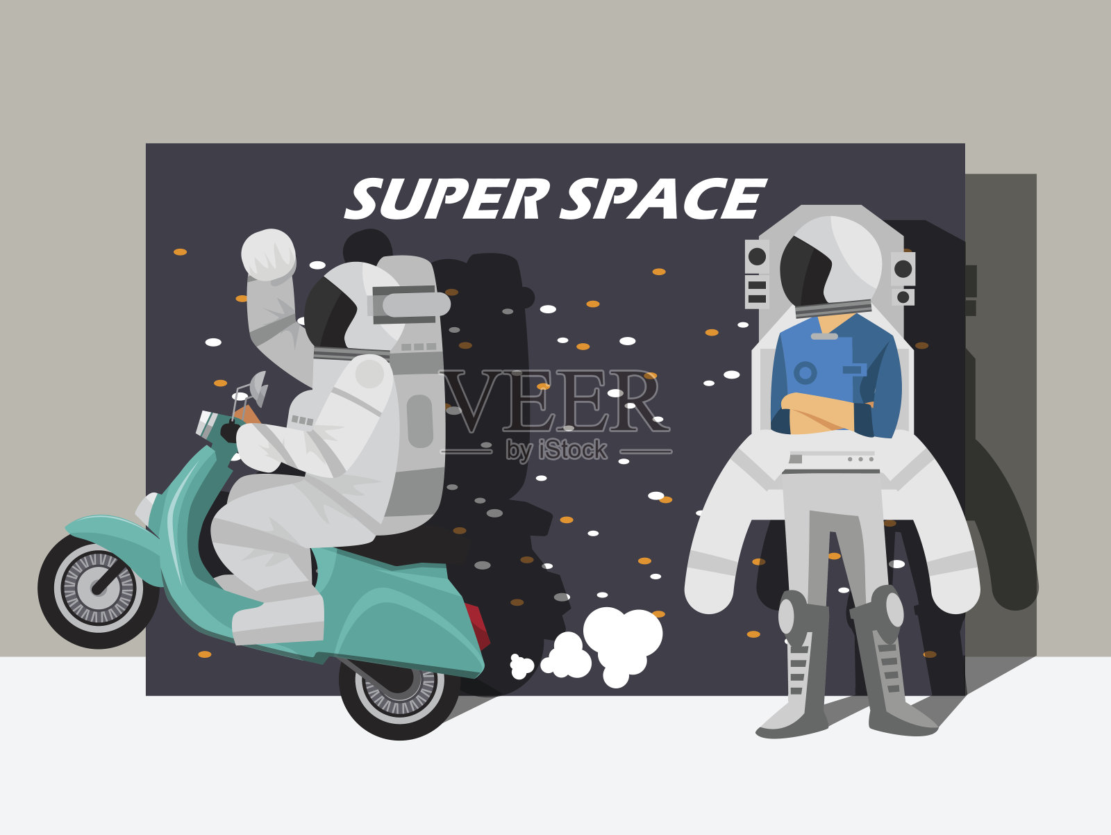宇航员驾驶滑板车，矢量插图卡通人物。插画图片素材