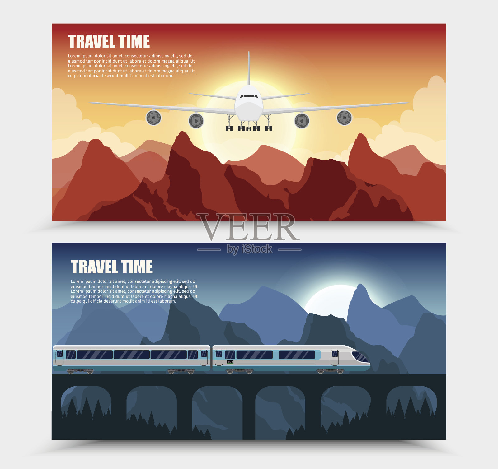 旅游火车和飞机户外与山矢量平面横幅彩色旅游横幅设置。插画图片素材