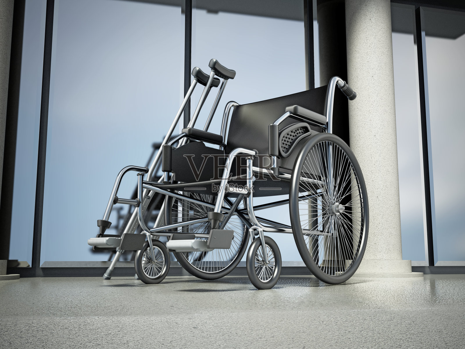 轮椅和拐杖站在医院大楼前照片摄影图片