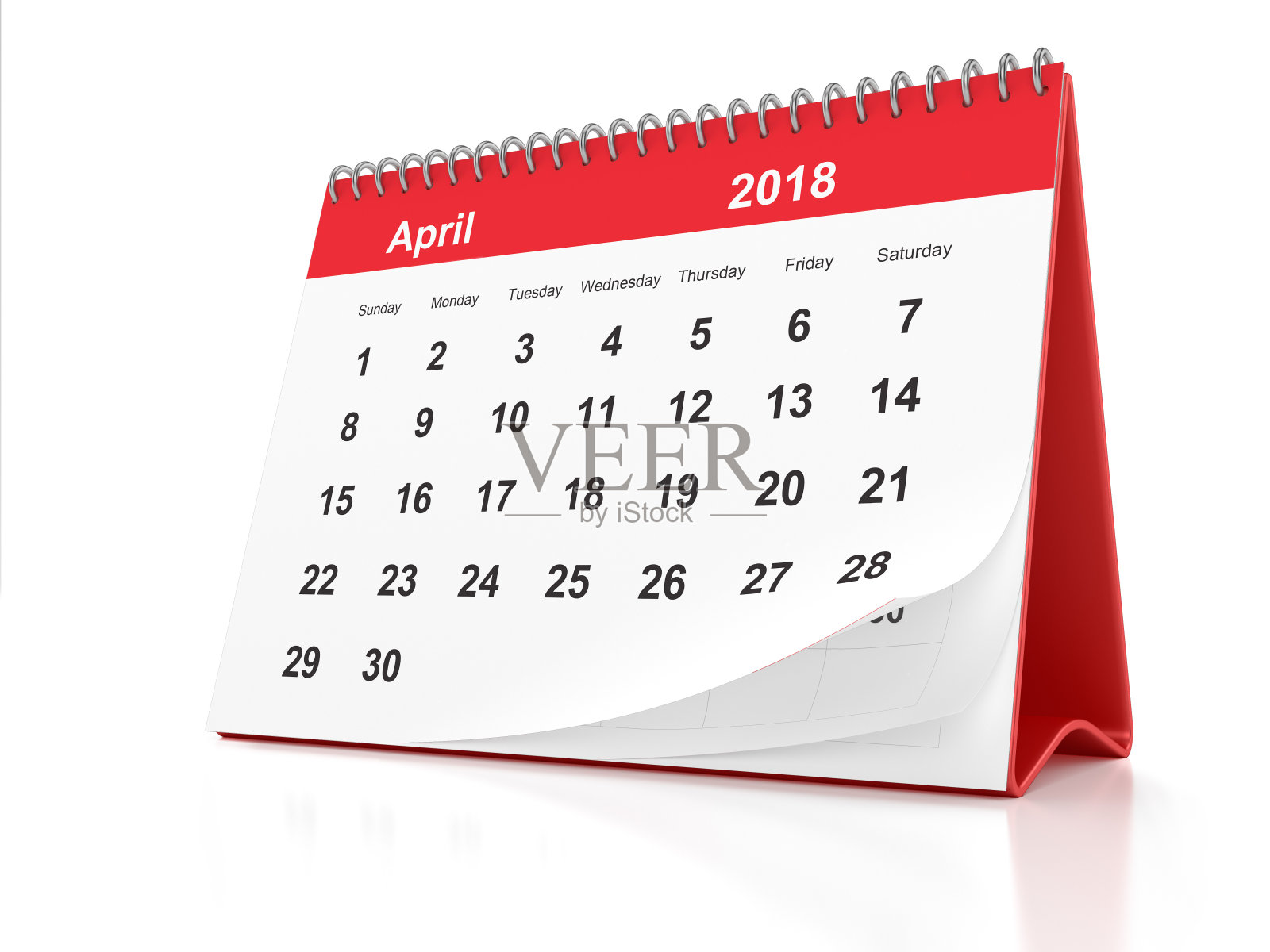 2018年4月白色背景上的红色塑料桌面日历照片摄影图片