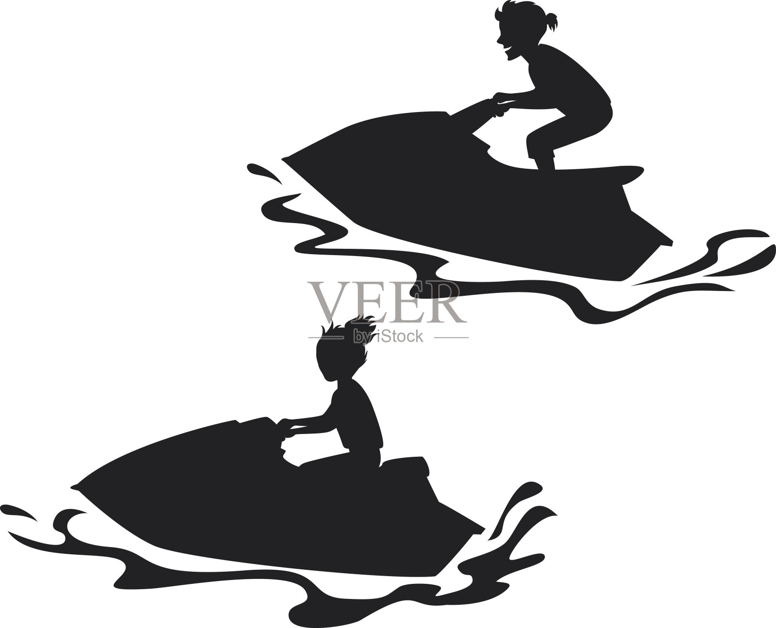 男人和女人骑着水上摩托的剪影插画图片素材