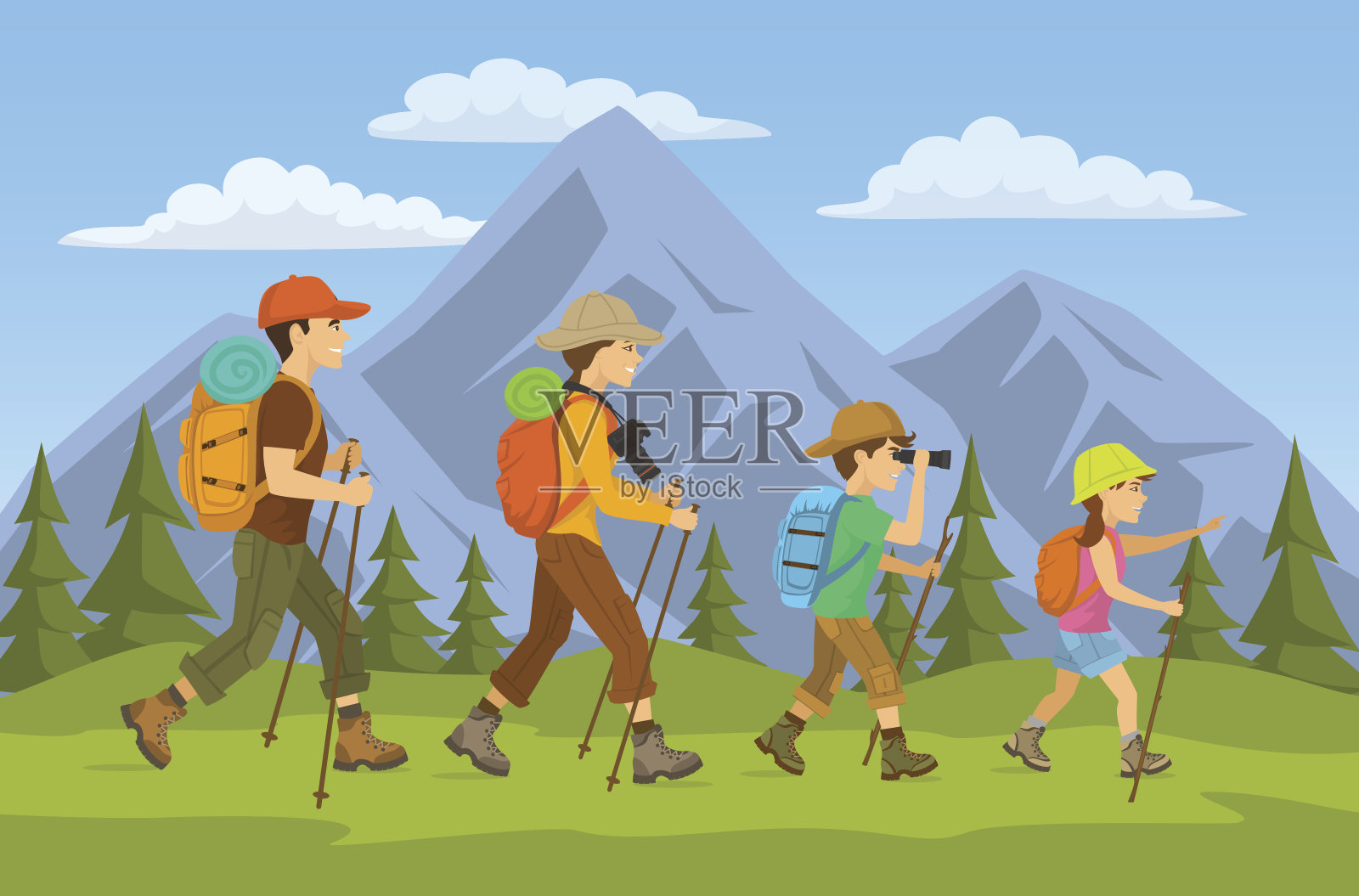 男人，女人，孩子，家庭徒步旅行徒步背包在山区森林卡通矢量插图插画图片素材