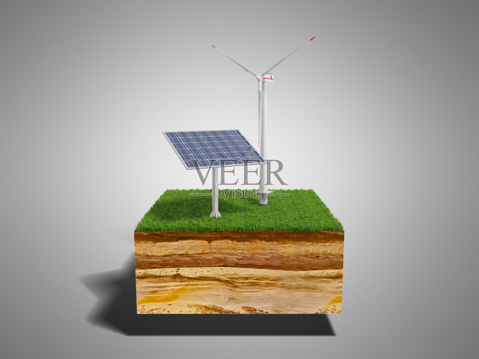 替代能源的概念地面横截面的3d插图，草被隔离在白色上照片摄影图片