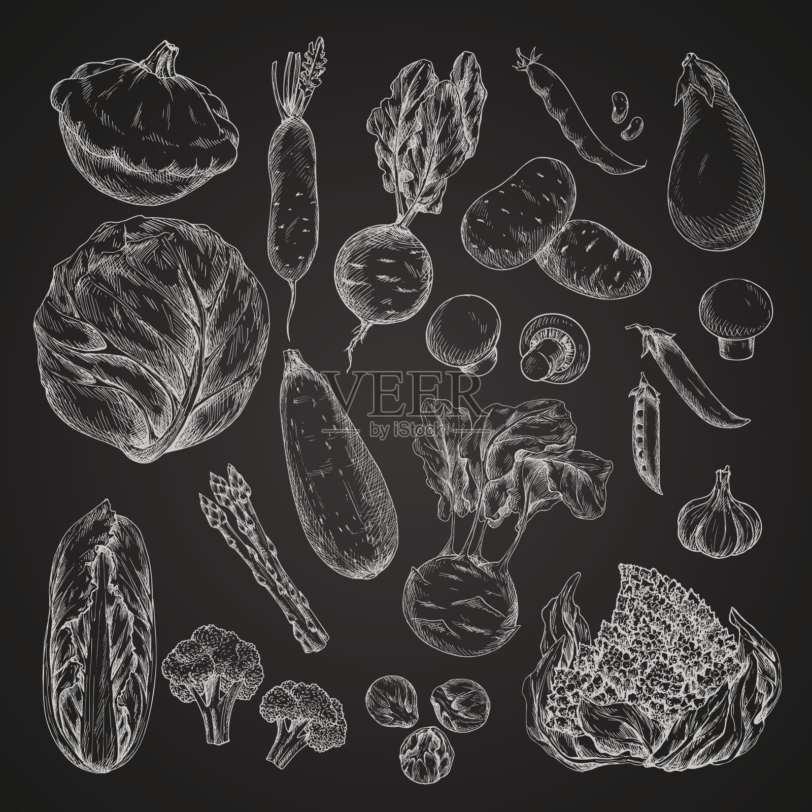 蔬菜，豆子和蘑菇素描在黑板上插画图片素材