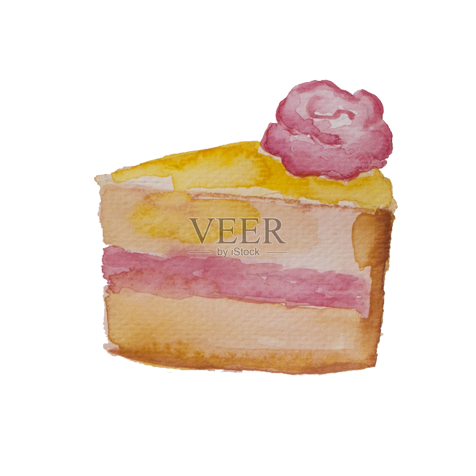 奶油玫瑰点缀蛋糕，白色水彩插画。插画图片素材