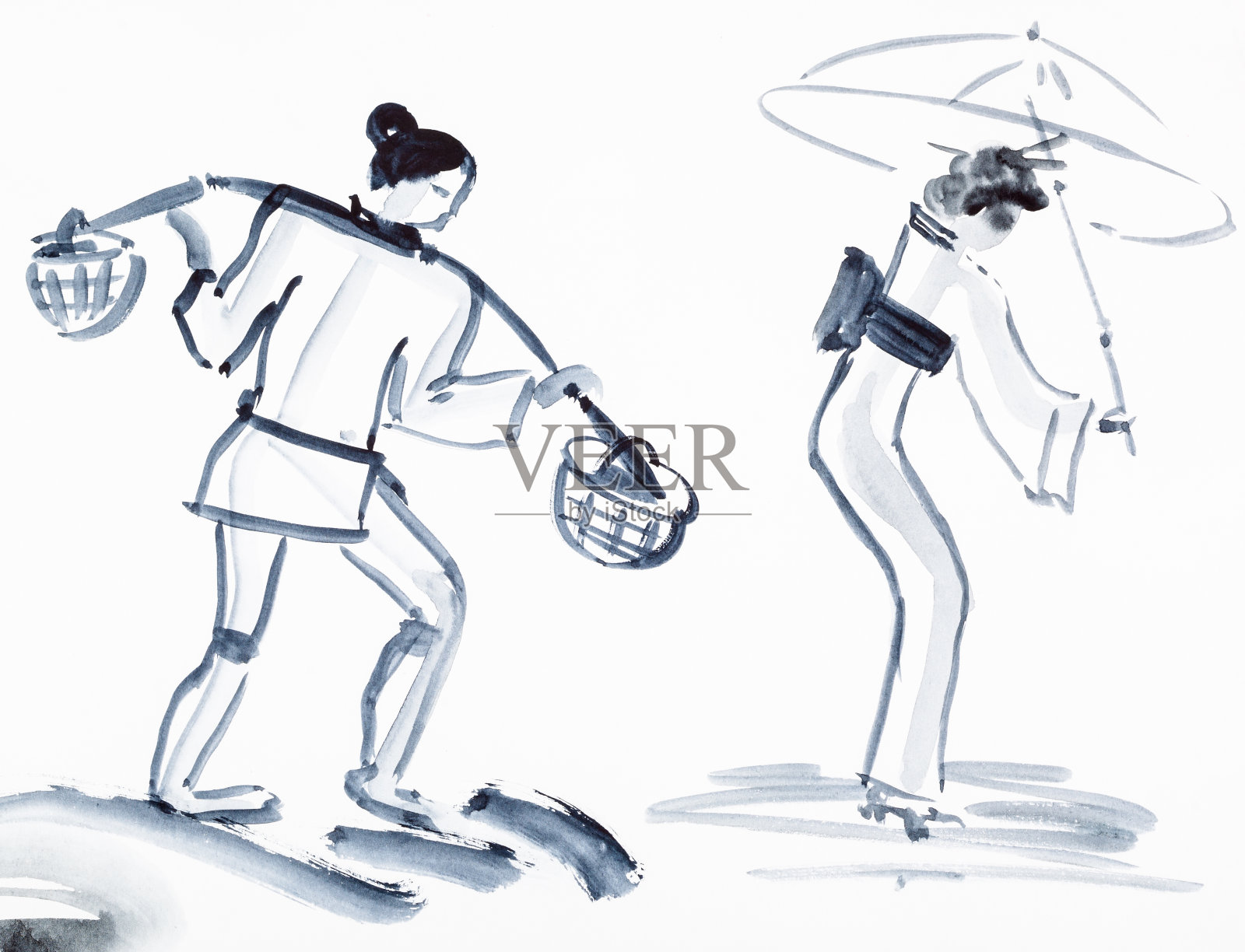 带轭的农民和带伞的日本妇女插画图片素材