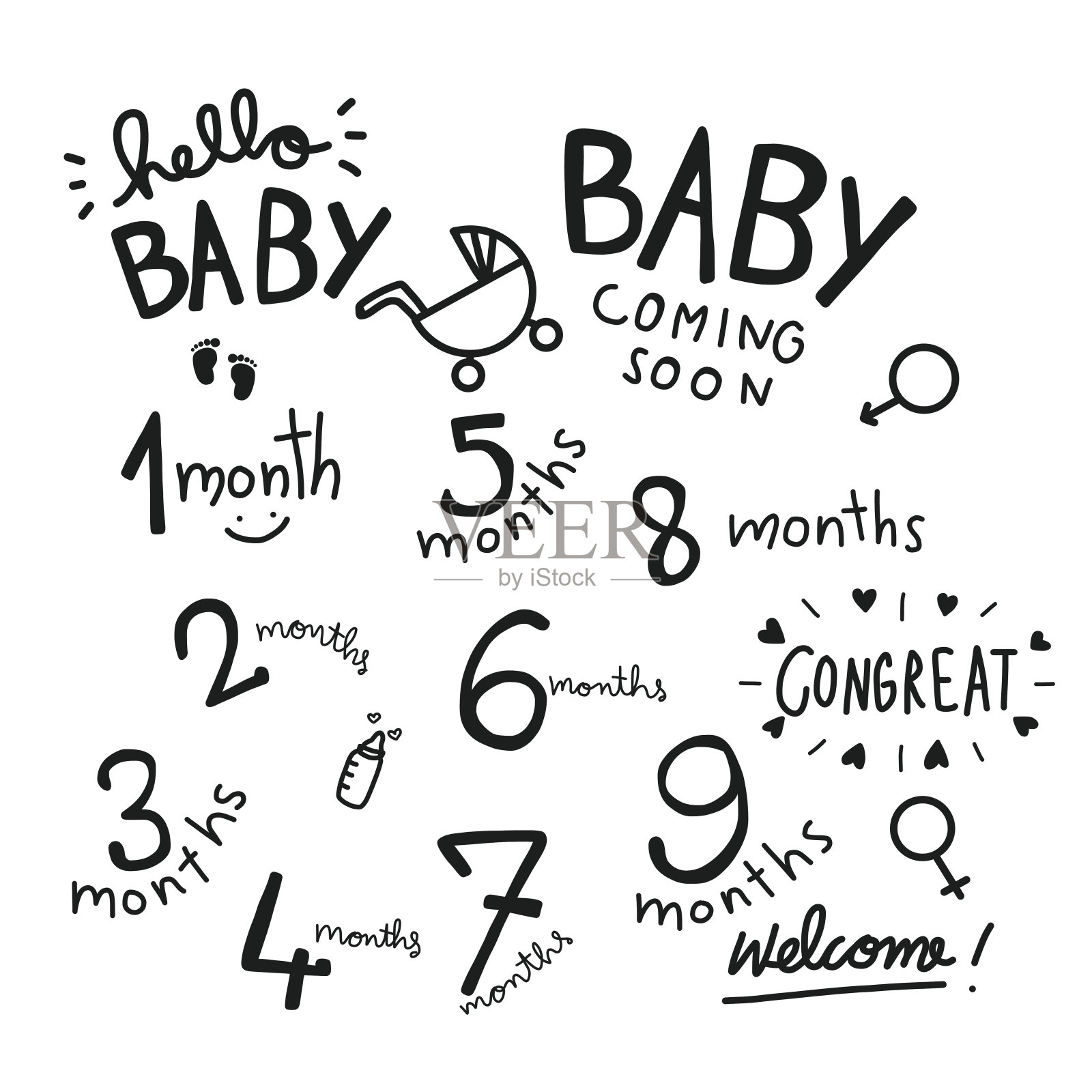 1-9个月婴儿字向量集插图插画图片素材