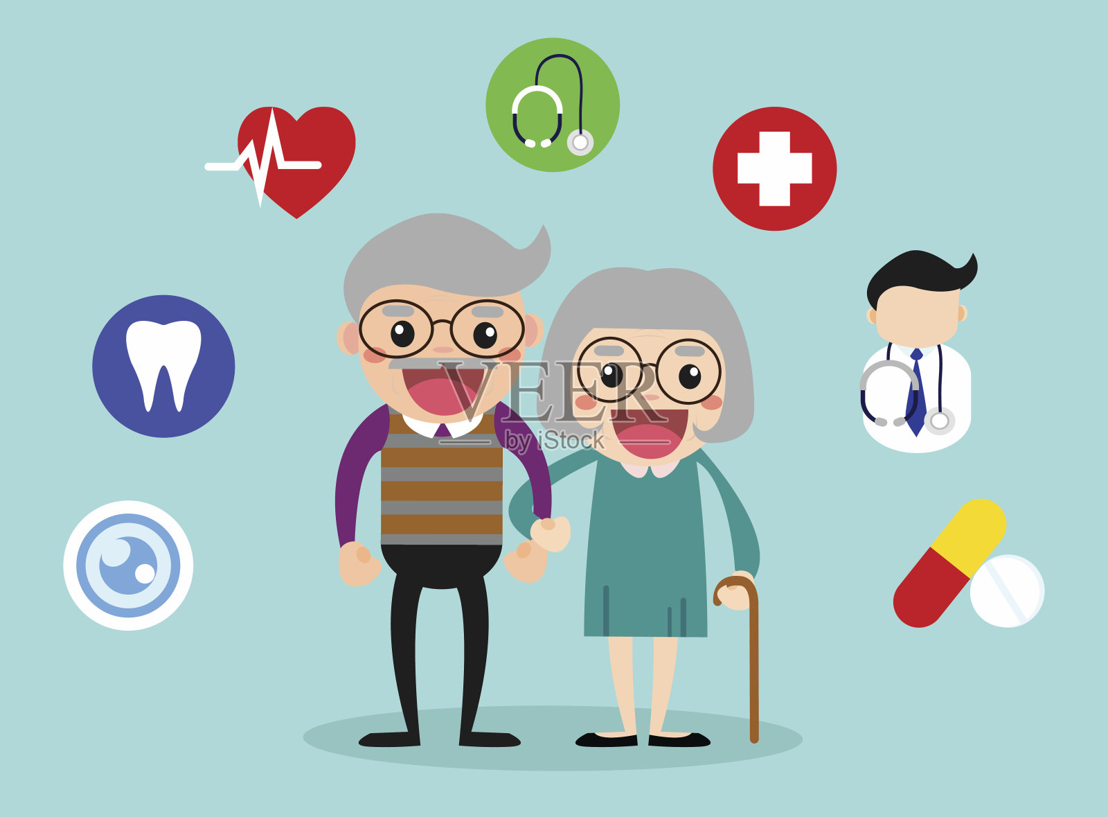 快乐祖父母健康保健与健康图标/老年健康矢量插图概念。插画图片素材