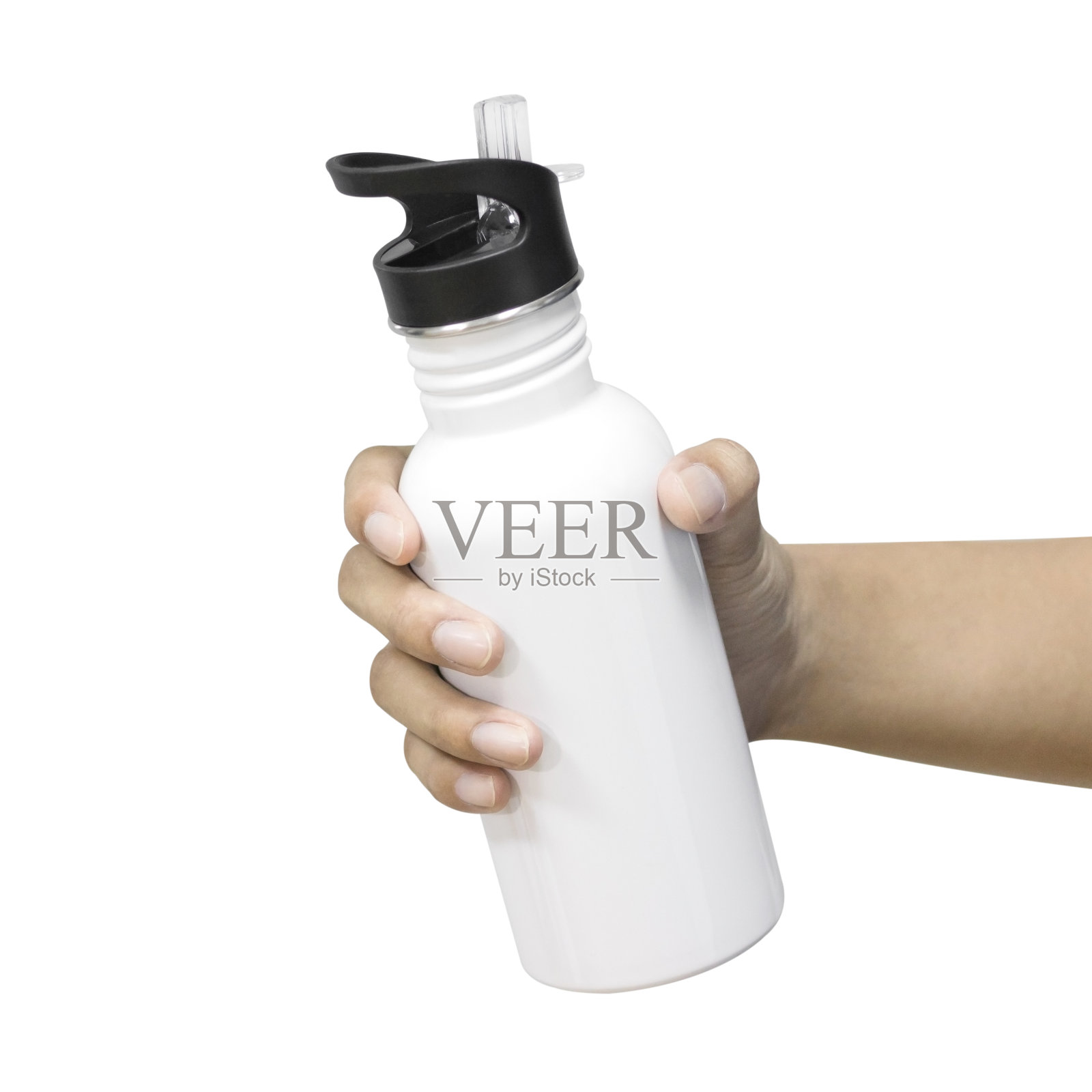 金属瓶和塑料管隔离在白色背景。保温用空水瓶模板。手握产品或展示产品。剪辑路径对象。照片摄影图片