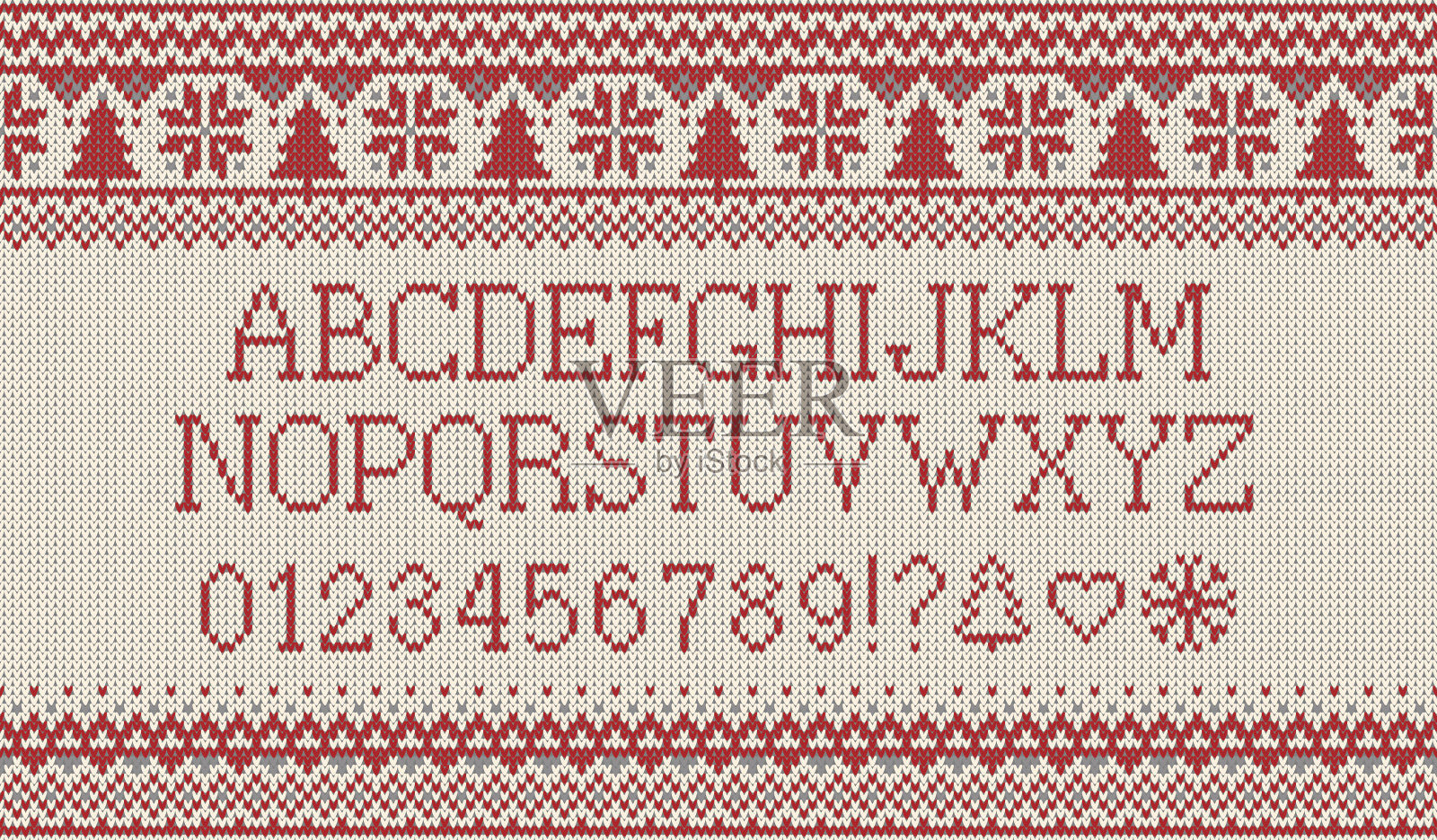 圣诞节的字体。用雪花和冷杉织出无缝的拉丁字母图案。北欧fair isle针织，冬季节日毛衣设计。矢量插图。插画图片素材
