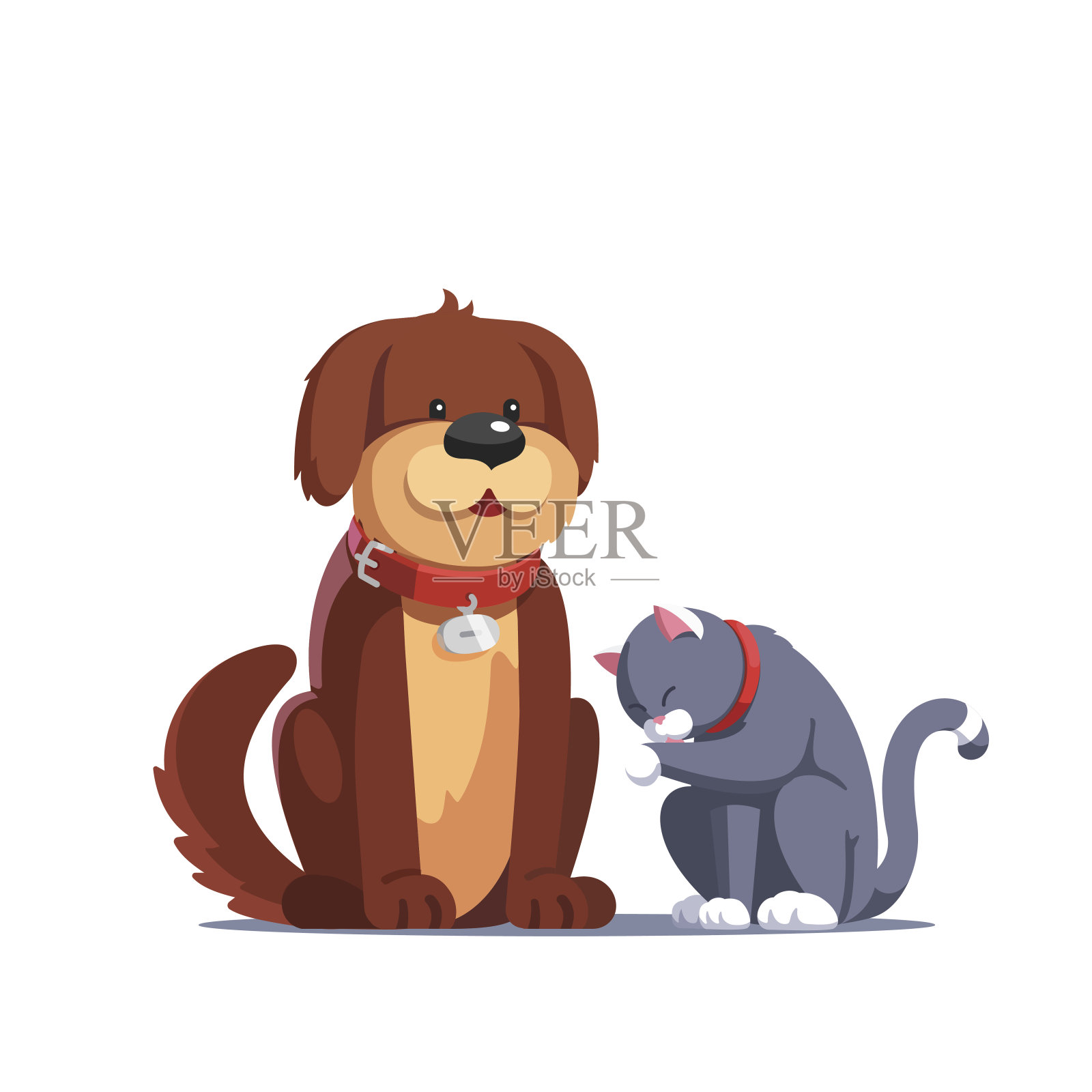 棕色的狗坐在灰猫旁边给自己洗澡插画图片素材